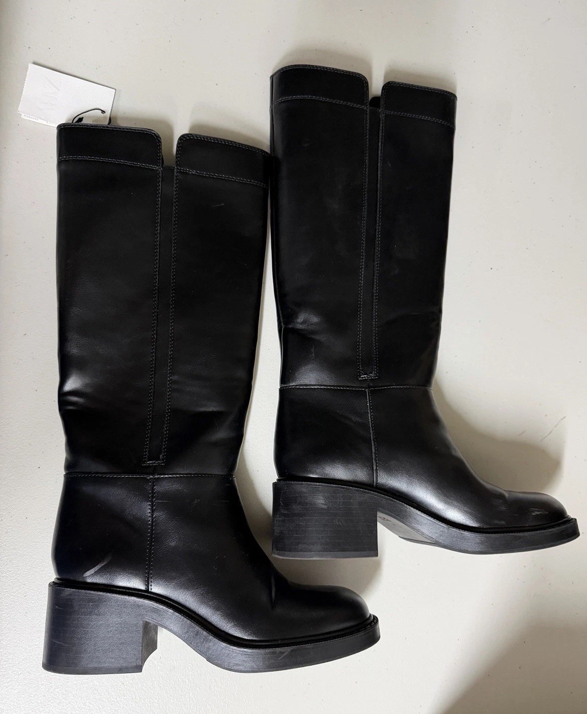 Zara $139 Faux Leather Black Boots Chunky Block Low Rubber Heel Hunting