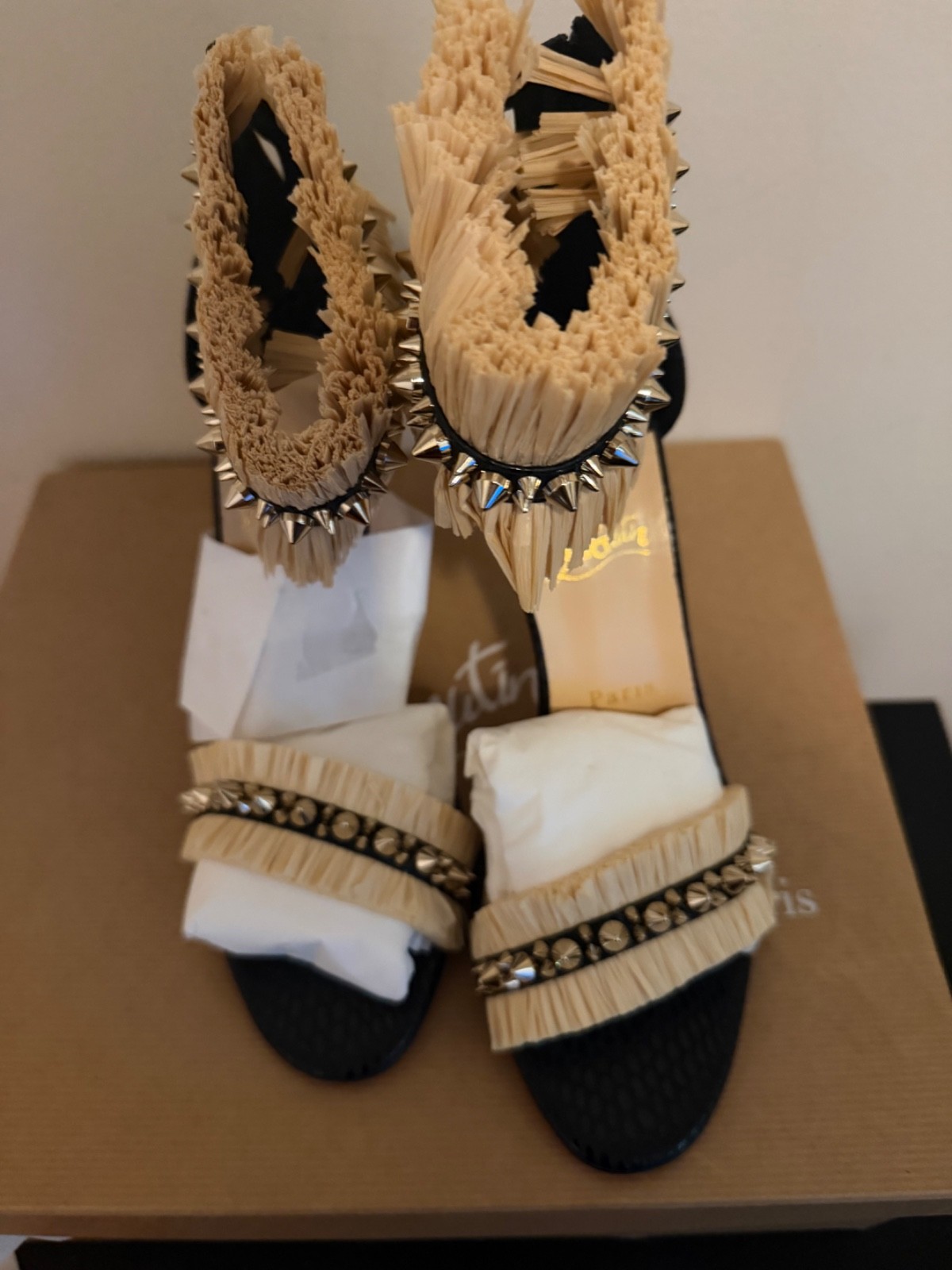 Christian Louboutin Poupedou Raffia Leather Studded Sandals 100 EU 36.5 US 6.5