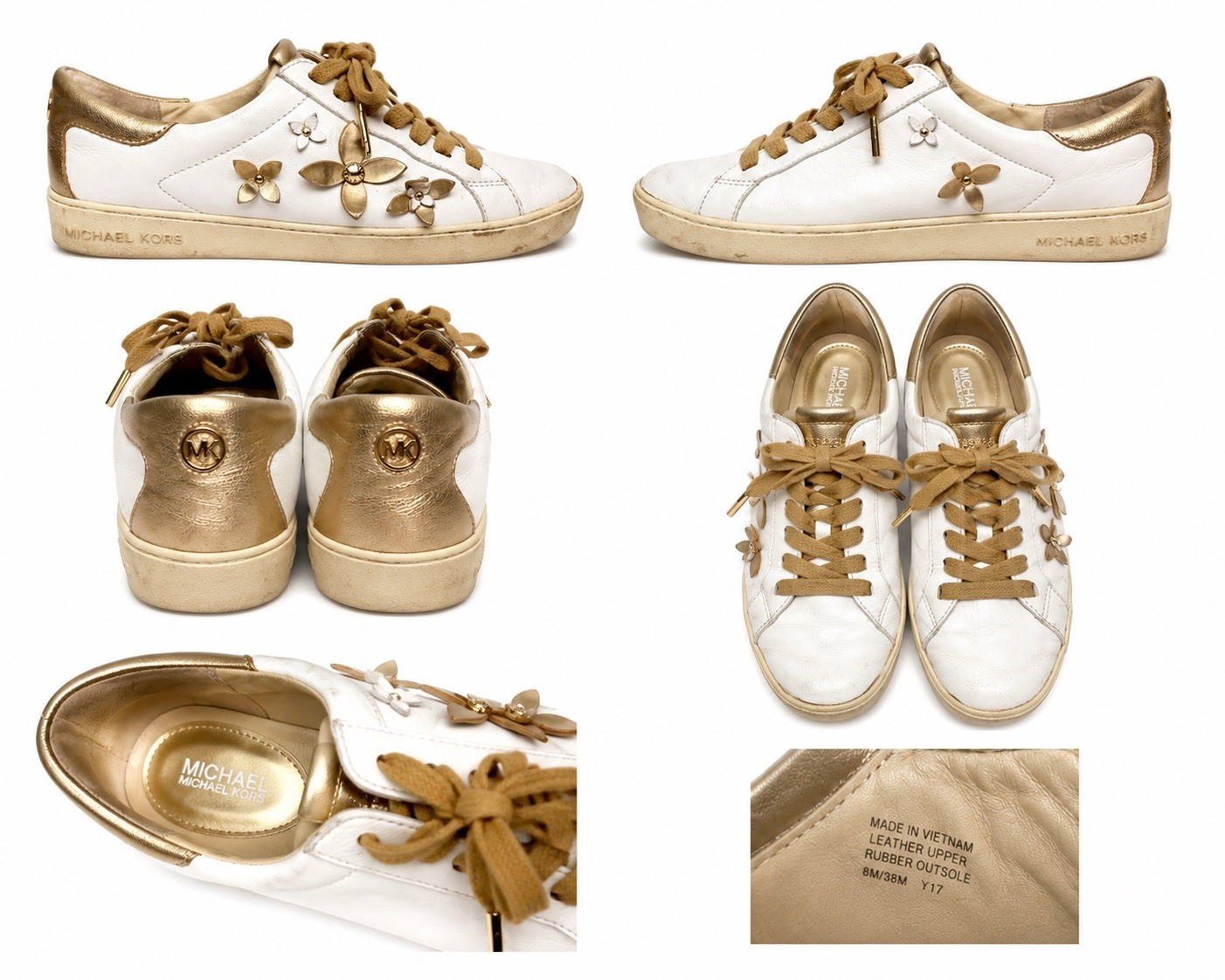 Michael Kors White Gold Flower Beaded Lace-Up Leather Sneakers Logo Designer
