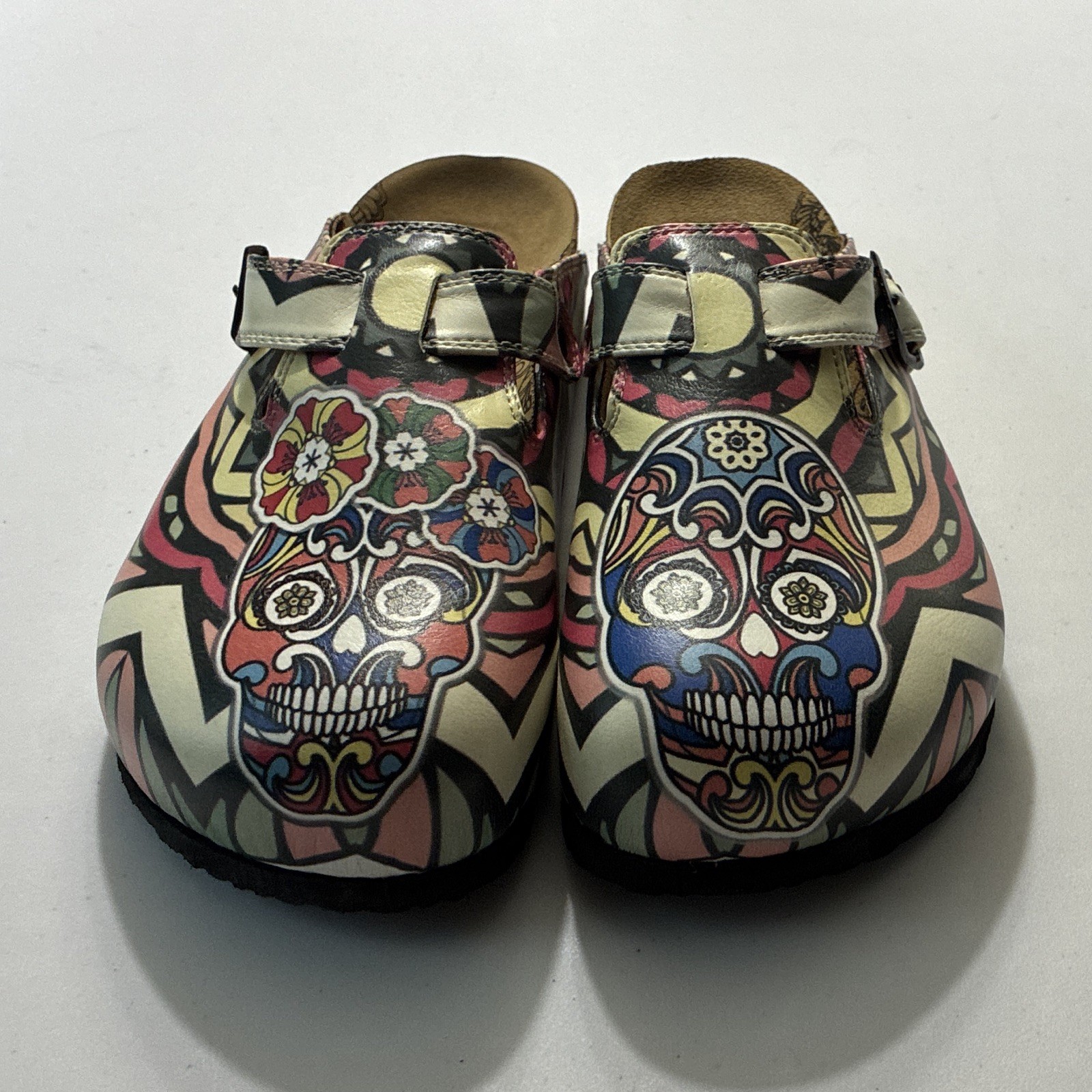 Calceo Women’s Clog Sandals Multicolor Geometric Sugar Skull Sz 9