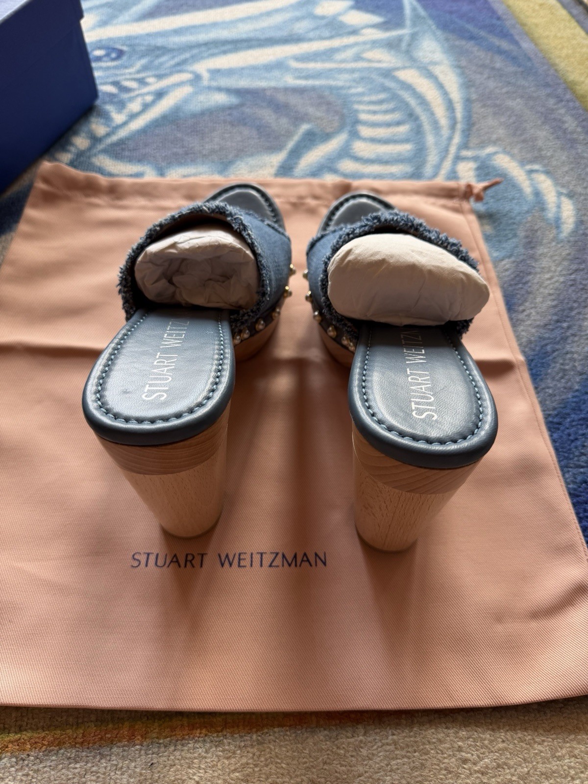 NIB $450 Stuart Weitzman Pearl Clog 85 Sandal Denim Blue Spain BOHO Size 9 AA
