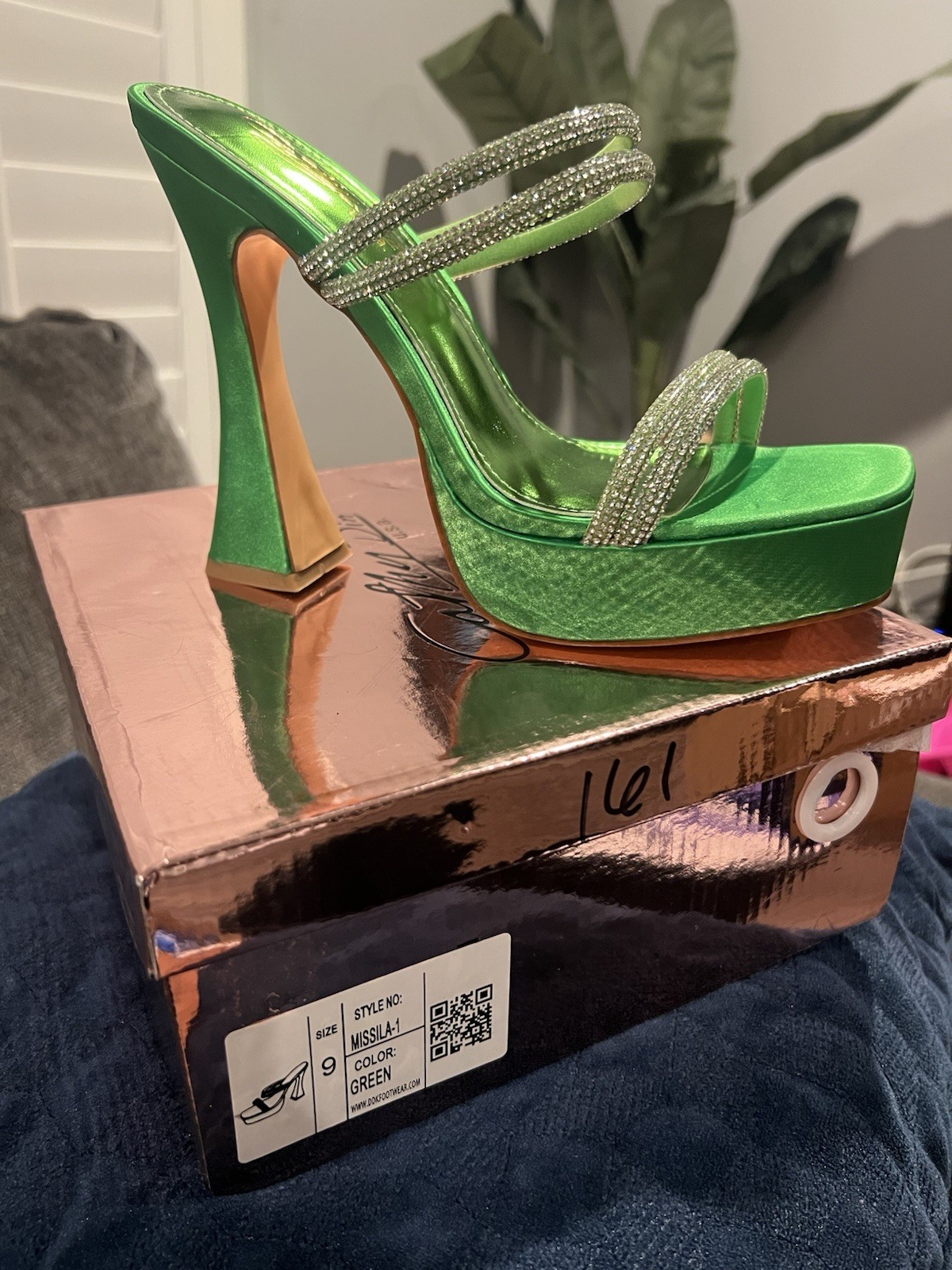 OnlyMaker Women’s Green Platform Rhinestone Strap Square Toe Stiletto Heels 9