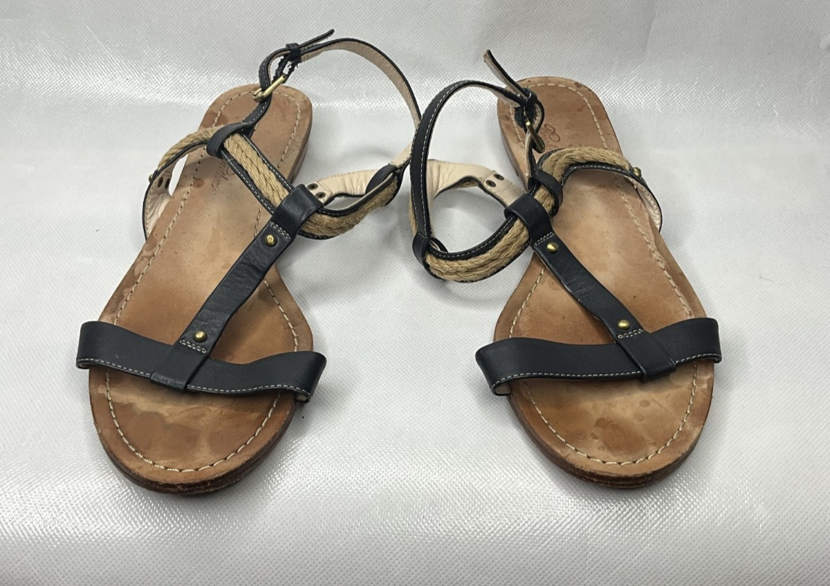 Brooks Brothers Navy Blue Leather Braided T-Strap Sandals Women’s Size 8