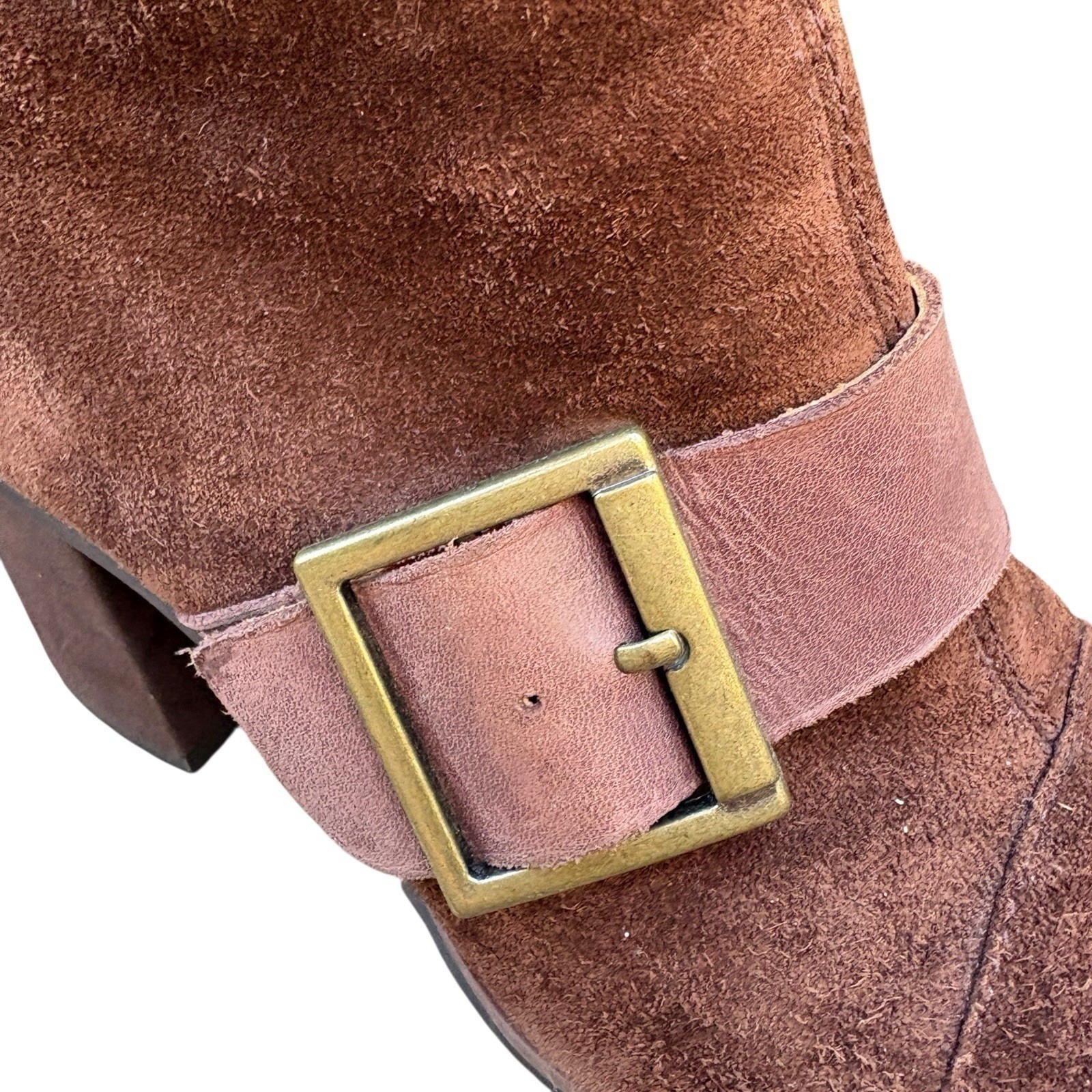 Korks Womens 7.5M Ankle Boots Chocolate Brown Suede Leather Buckle Block Heel