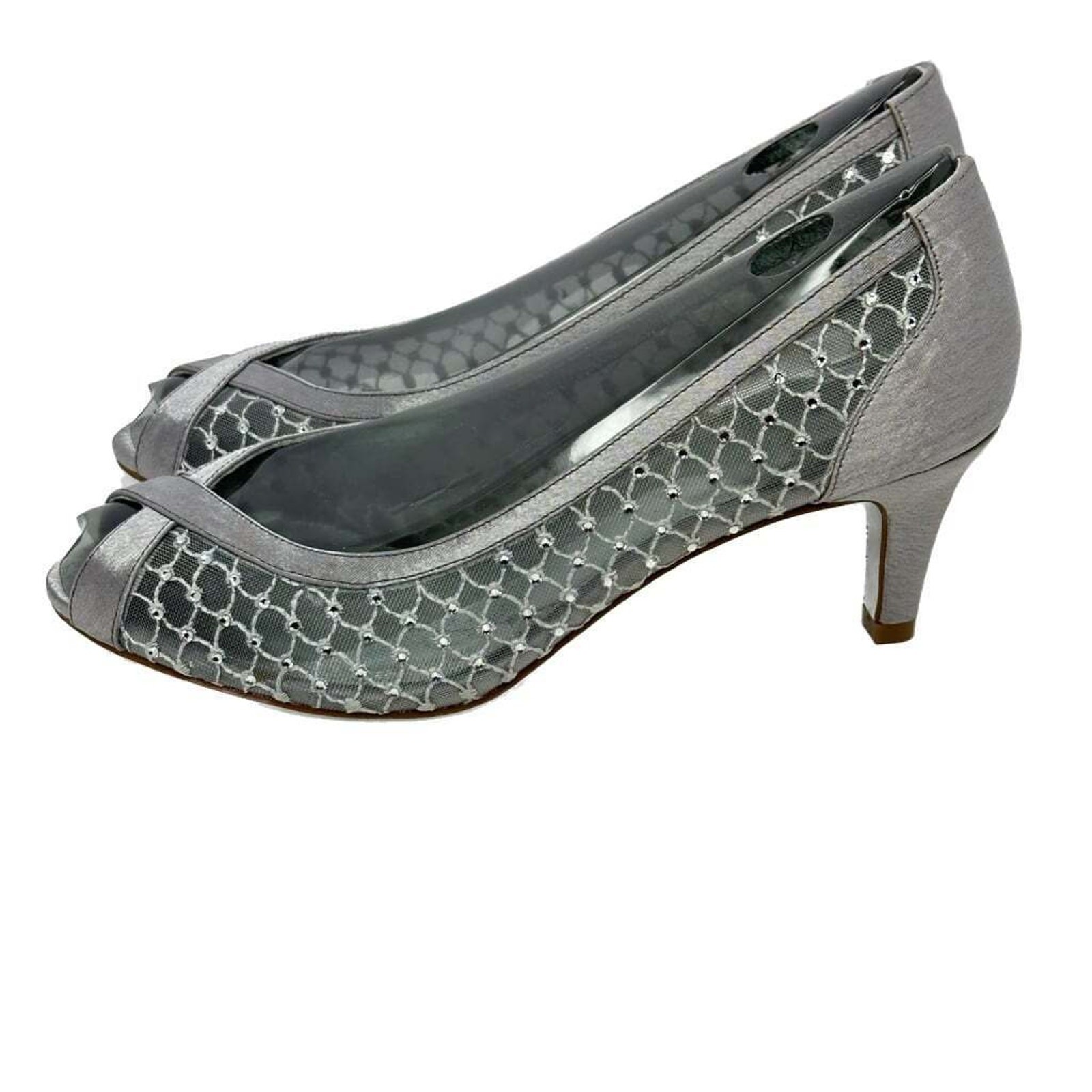 Adrianna Papell Womens Silver Mesh Peep Toe Kitten Heel Slip on Pumps