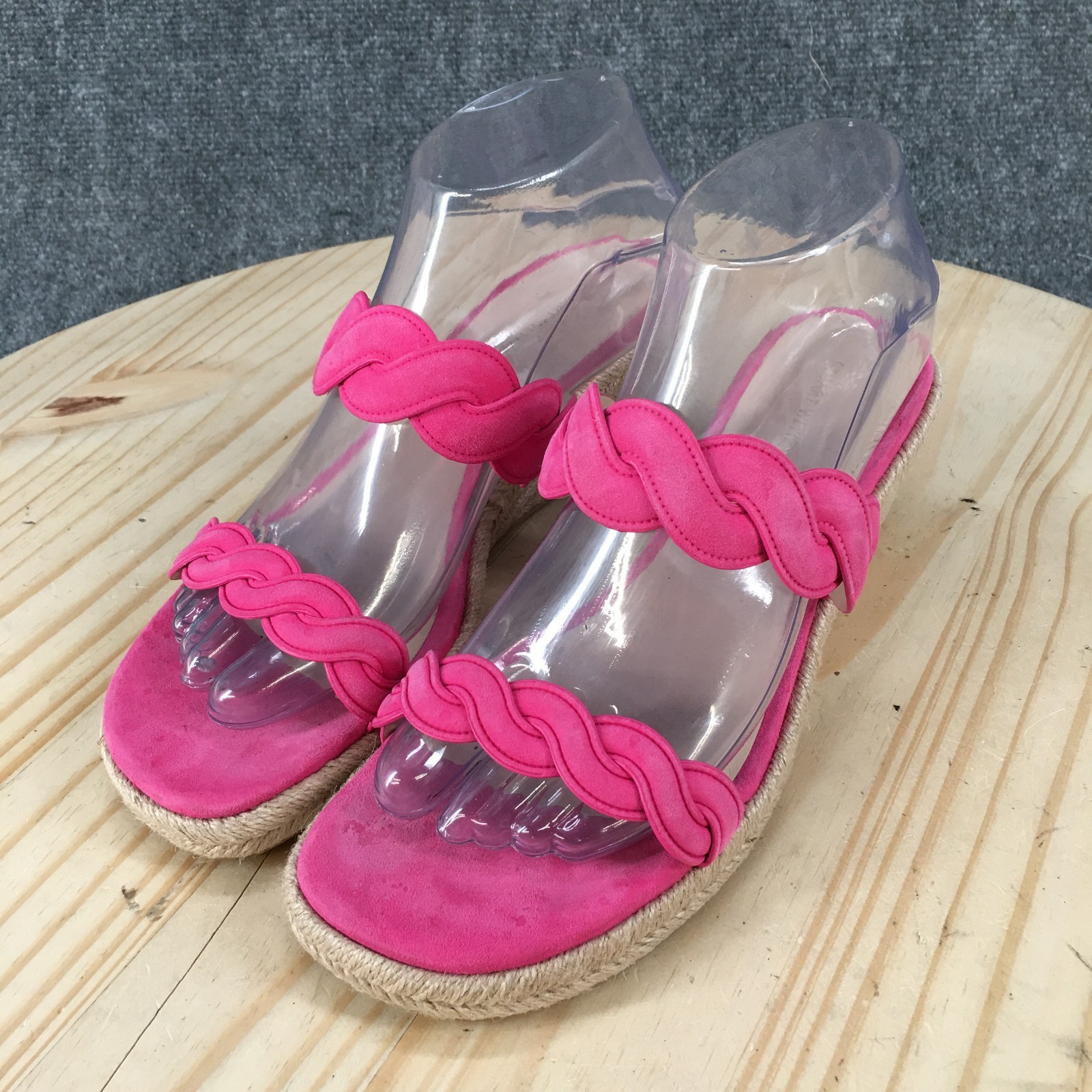 Stuart Weitzman Twistie Sandal Womens 8 Hot Pink Suede Braided Espadrille Wedges