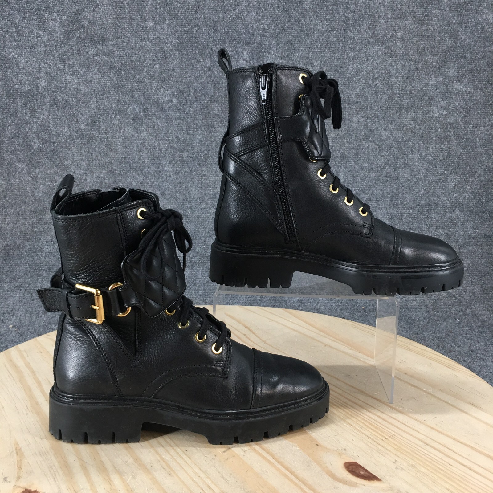 Mango Boots Womens 36 Biker Quilted Lace Up Comfort Casual Round Toe Ankle Top