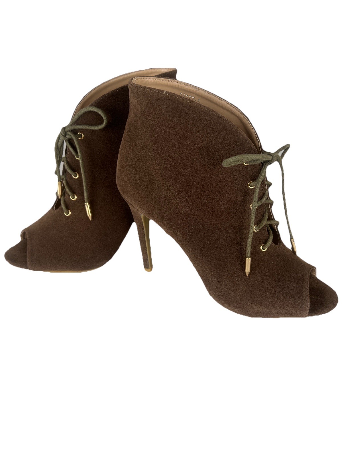 M & L Women’s Peep Toe Lace Up Ankle Booties Brown Faux Suede 9M