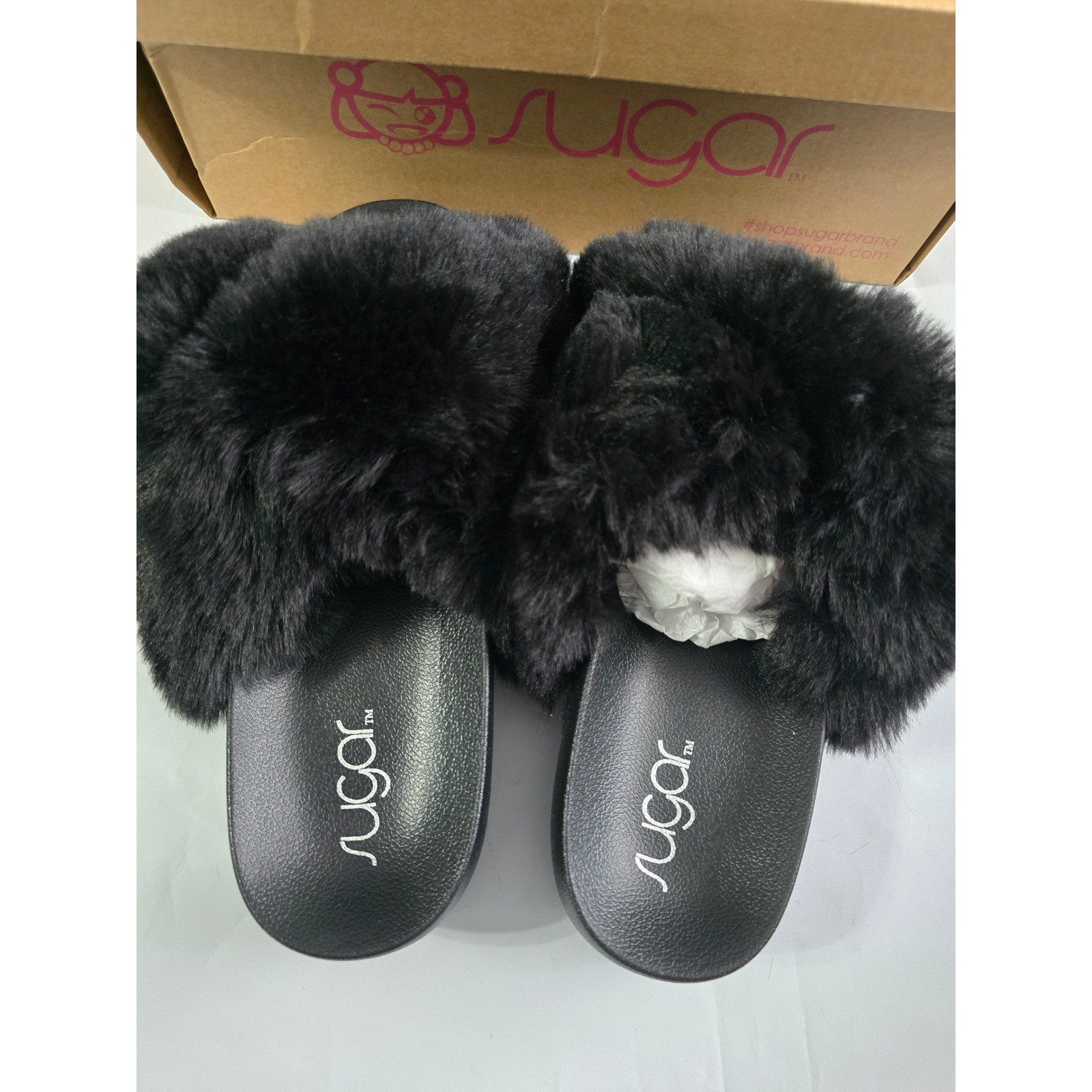 Sugar Beach Day Black Faux Fur Criss Cross Slide Sandals SGR-BEACH DAY 8M NWT