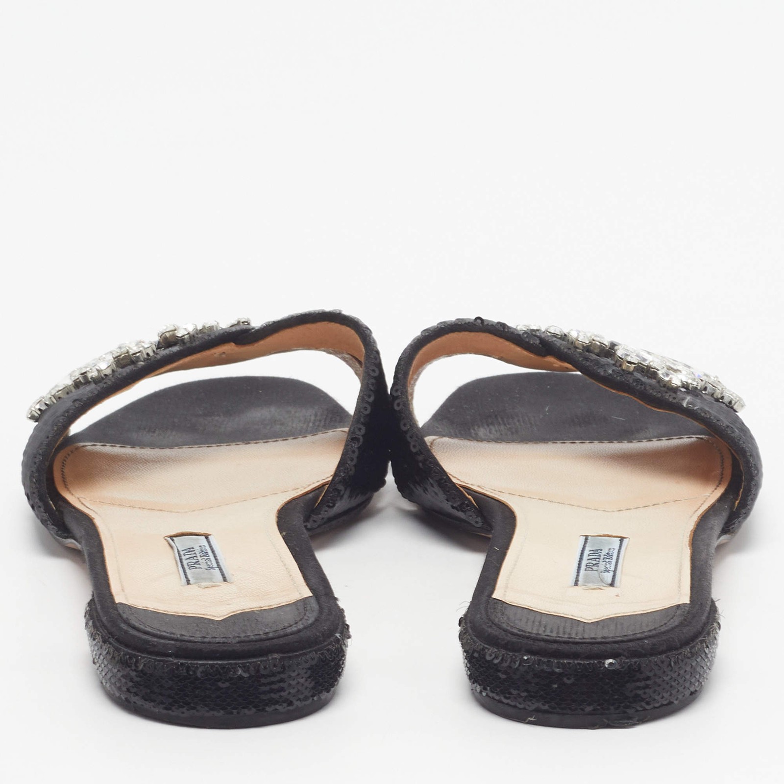 Prada Size 40 Black Sequins Crystal Embellished Flat Slides