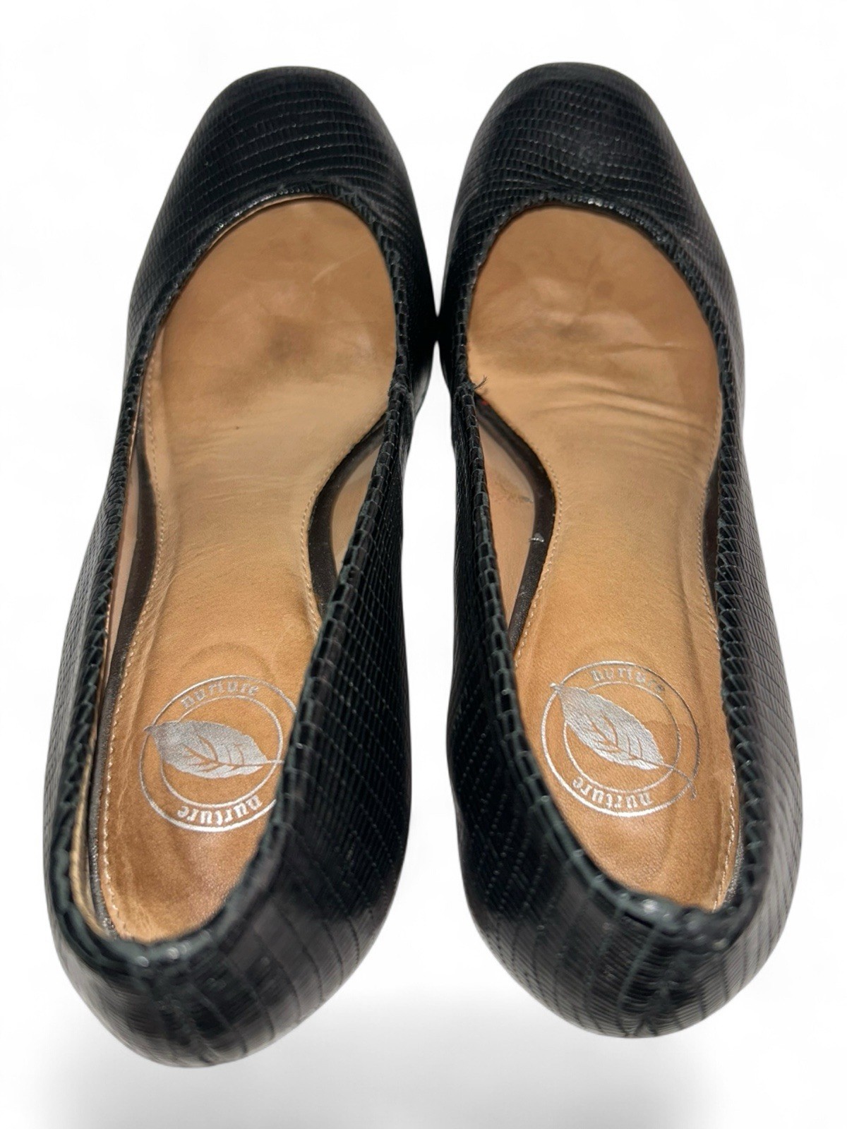 NURTURE by Lamaze Black Embossed Leather Round Toe Deon Pump Size 7 M Wedge Heel