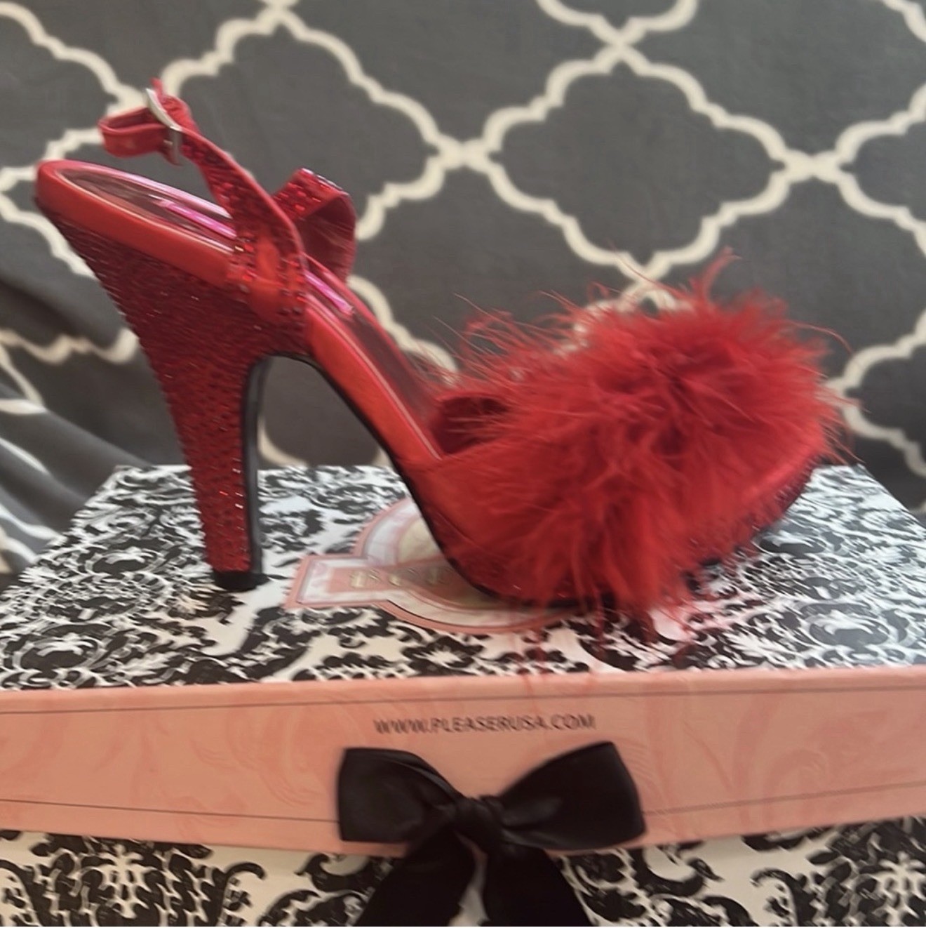 Bordello Red Faux Fur Crystal Heels