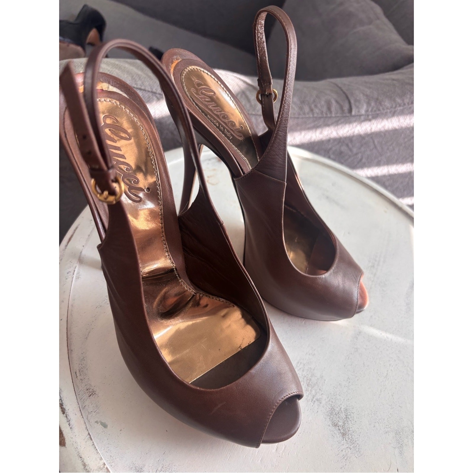 Gucci Brown Leather Peep-Toe Slingback Stiletto Heels