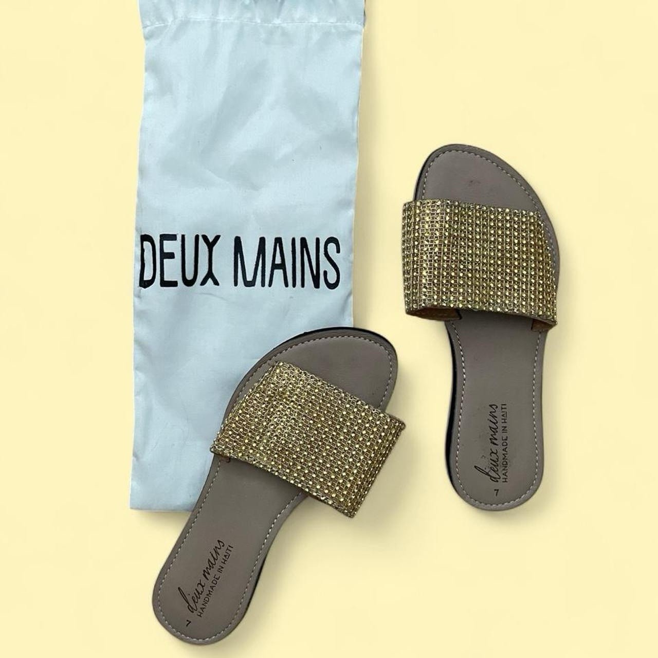 Deux Mains Women’s Slide Sandals Slip-On Rhinestone Gold/Gray Synthetic US 7