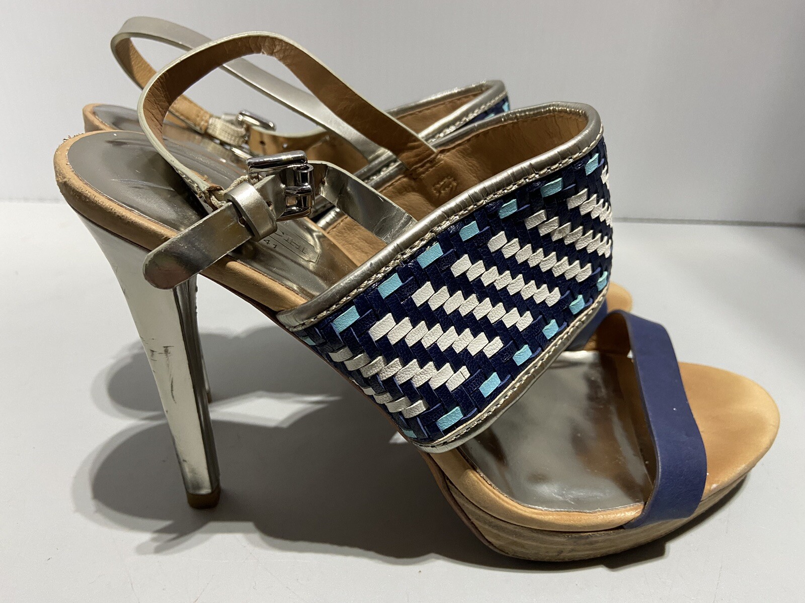 COACH Steffi Heels Pumps Slingback Shoes Blue Tan Silver Women’s Size 8B Q1861