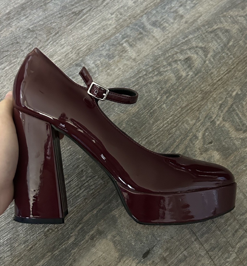 Nine West Burgundy Patent Leather Mary Jane Platform Block Heel Round Toe