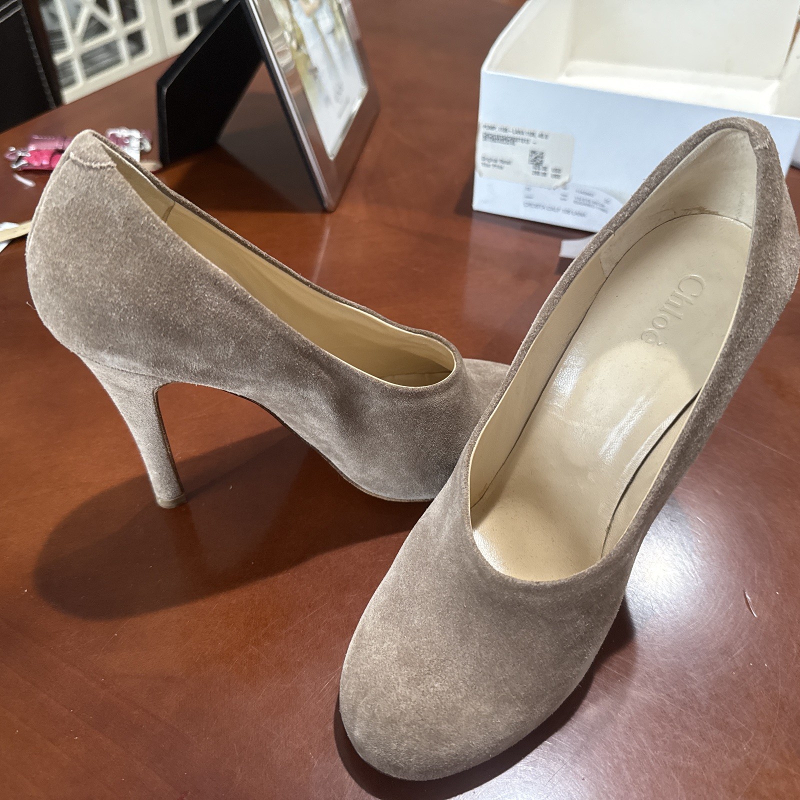 Chloe Leather Pump Heels Shoes Crosta Calf Lana Gray Beige Size 10 Made In Italy