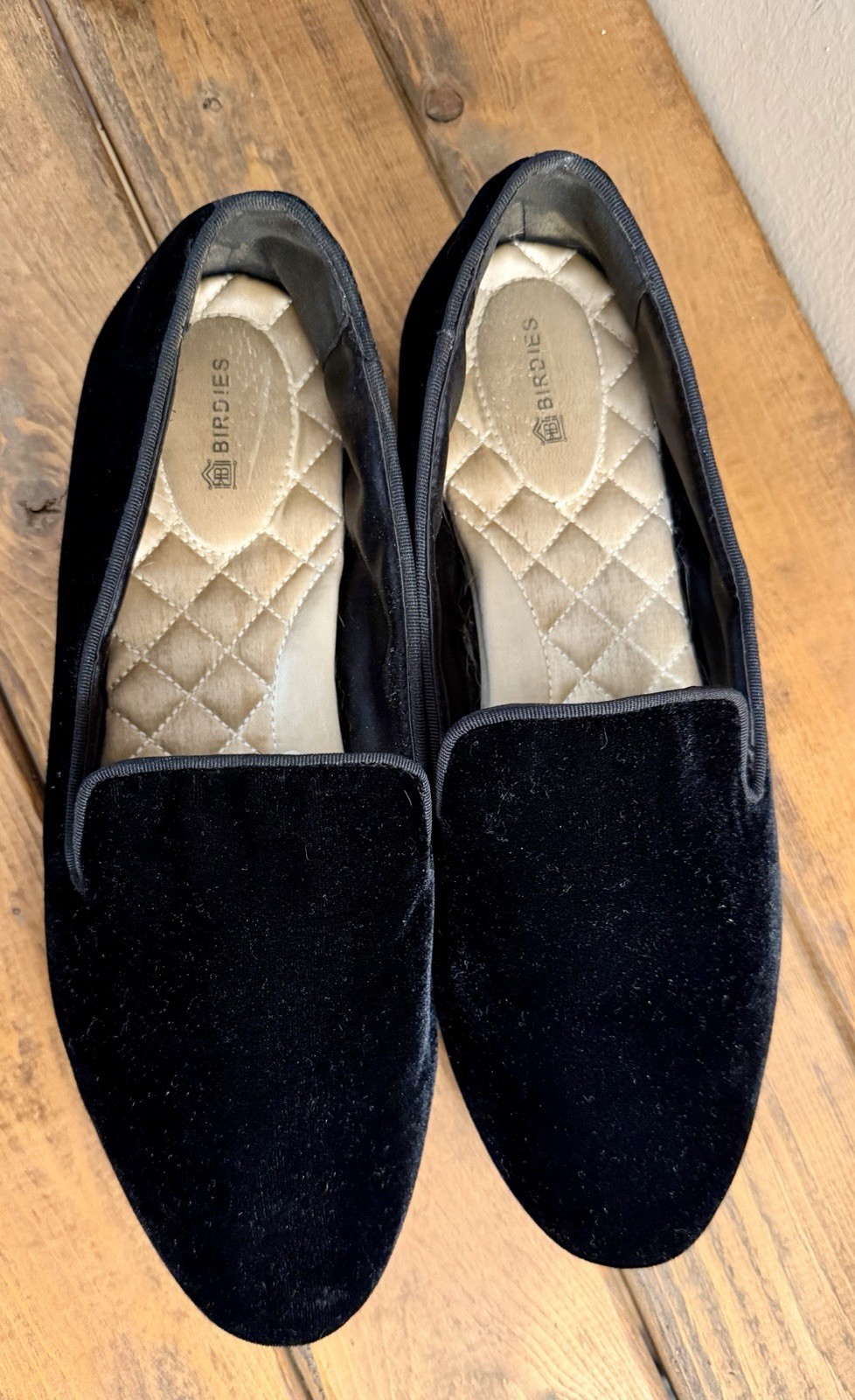 Birdies Black Fabric Slip-On Loafer Flats Quilted Logo Round Toe US 9.5