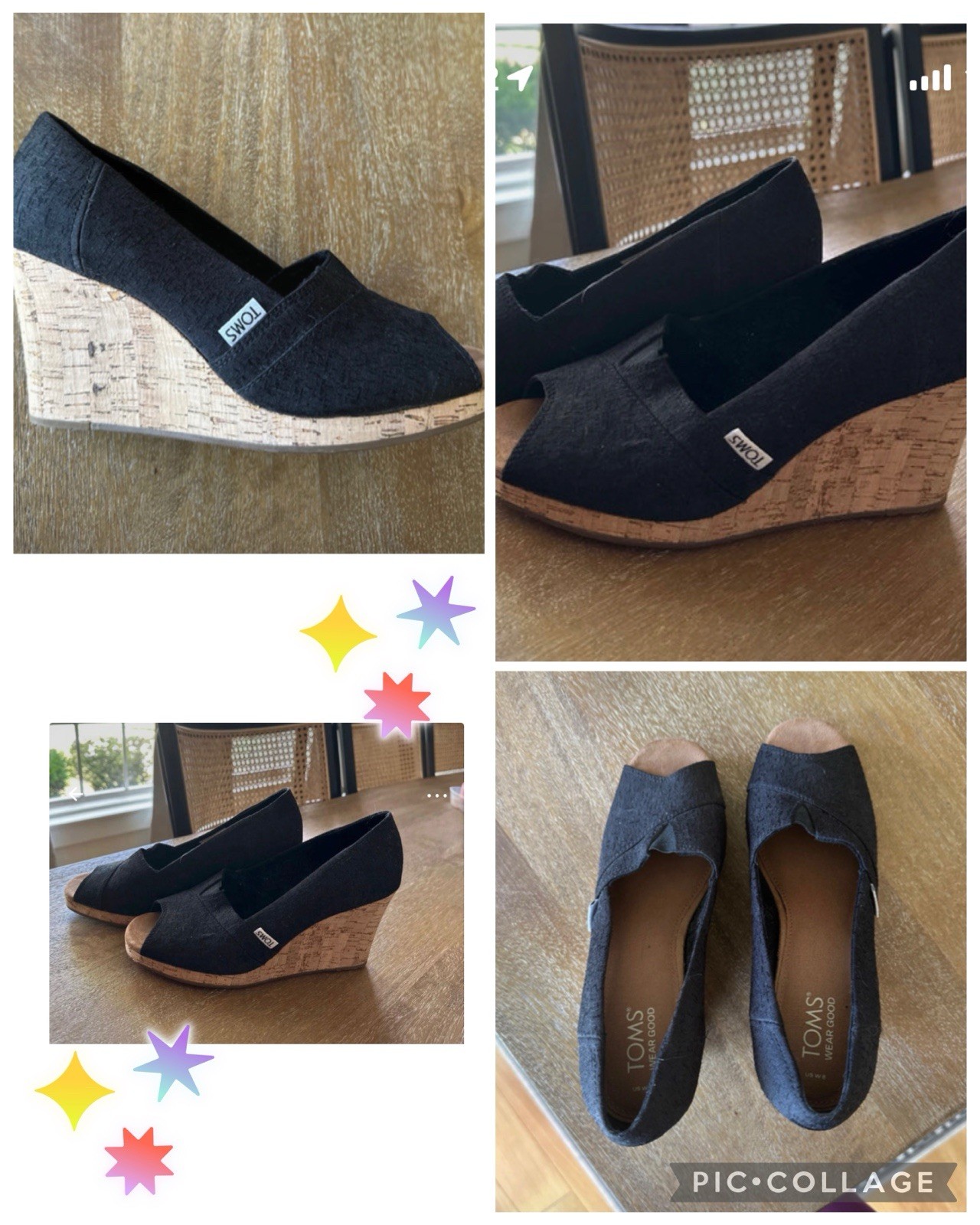 TOMS Women’s Black Peep Toe Cork Wedge Slip-On Heels US 8 EU 38.5