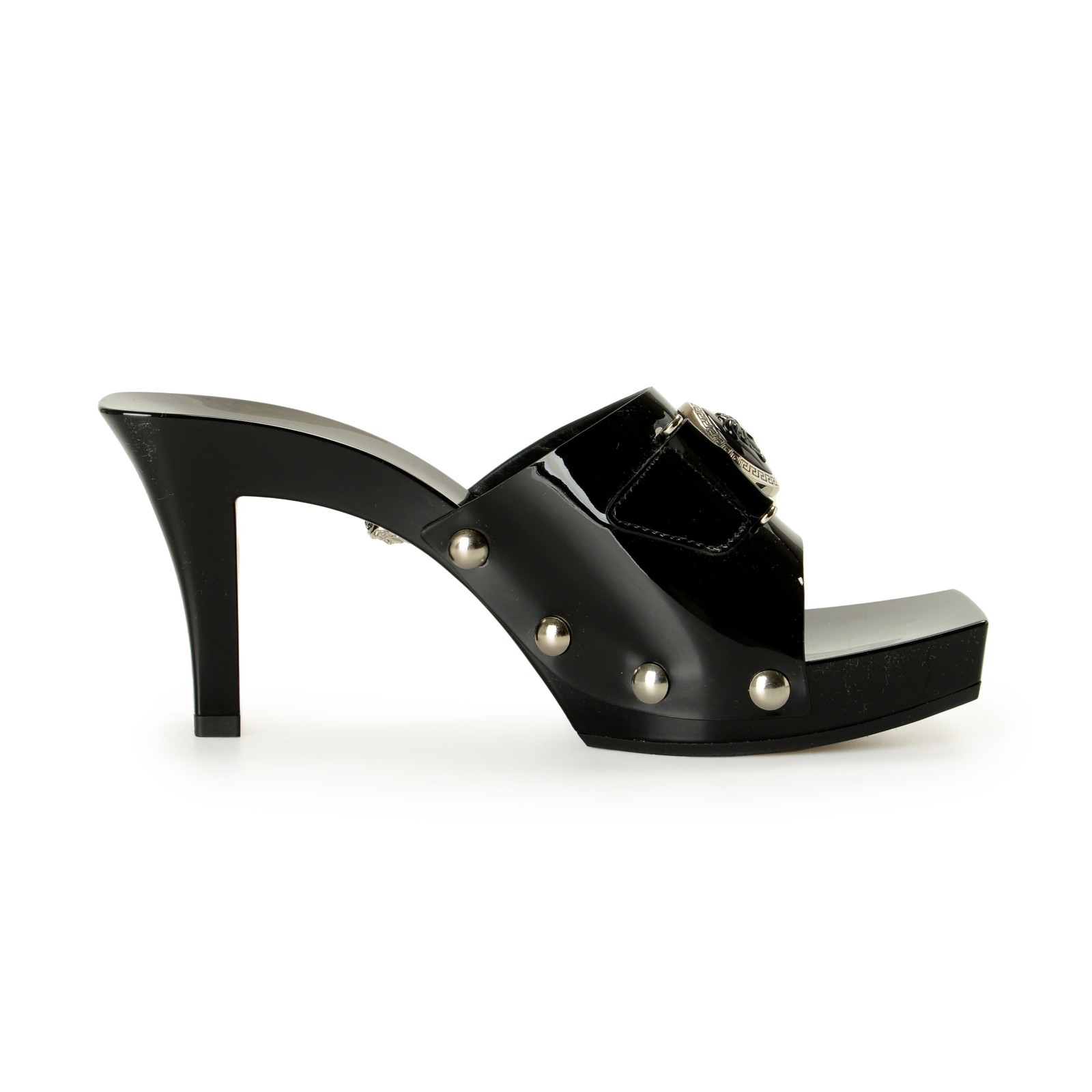 Versace Women’s Black Patent Leather Clog Mules Sandals Shoes US 6 IT 36