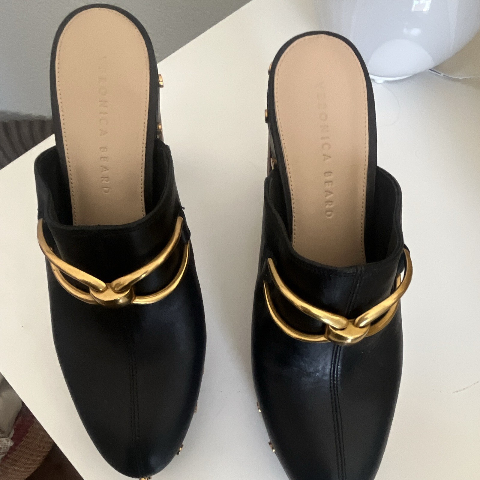 Veronica Beard Womens Black Leather Studded Mule Heels Gold Hardware Size 9