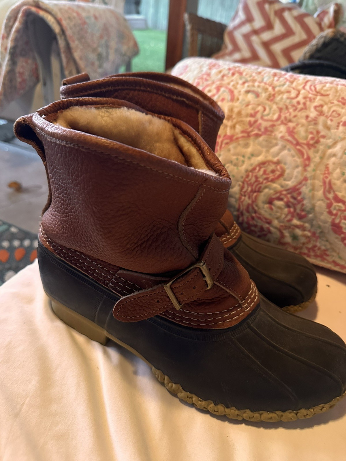 LL Bean Leather buckled Up fur lined. Duck Boots Made In USA Womens 10 W Waterpf