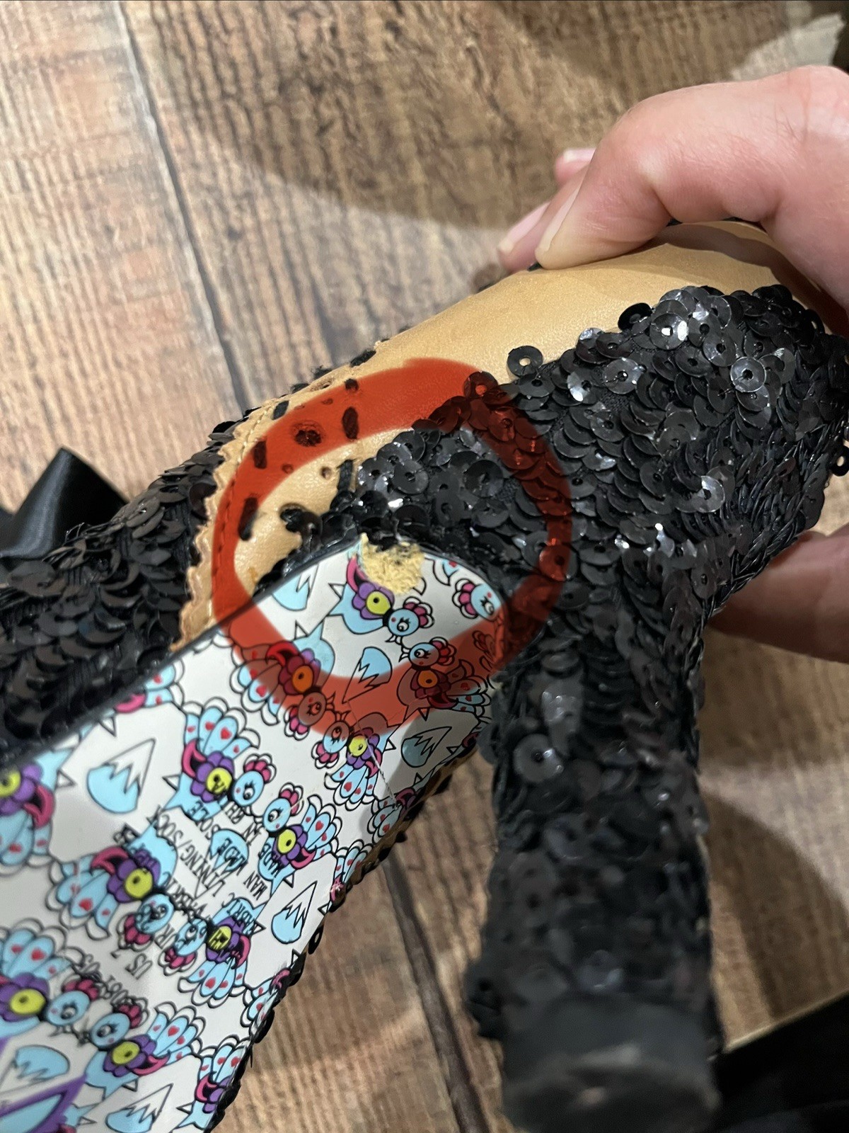 Irregular Choice Sz 7 Abigail Party Tan Leather & Black Sequin Heels Artsy