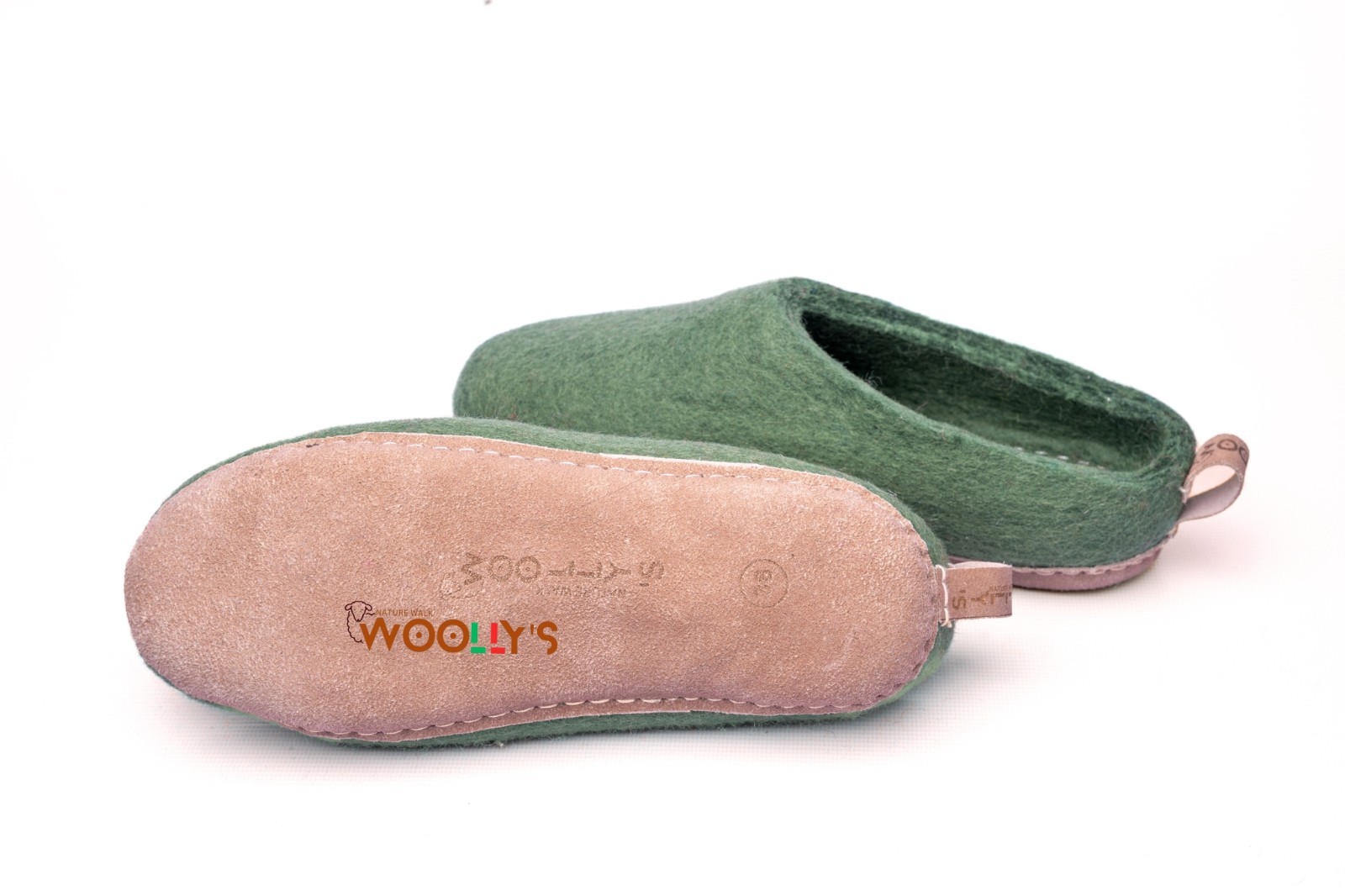Woollyes Indoor Open Heel Slippers –Green | Pure New Zealand Wool | Leather Sole