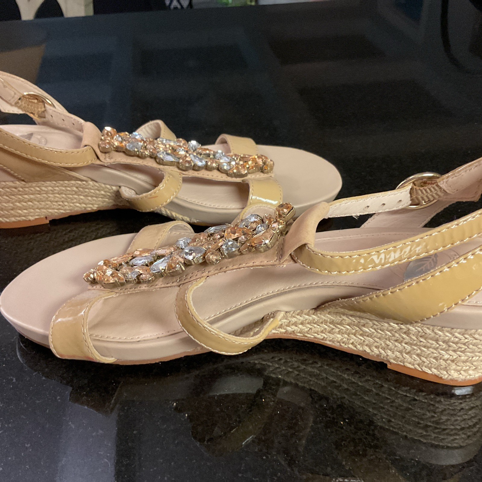 NURTURE By Lamaze Sandals Leather Gold Bling Rhinestones Wedges Sz 6.5,
