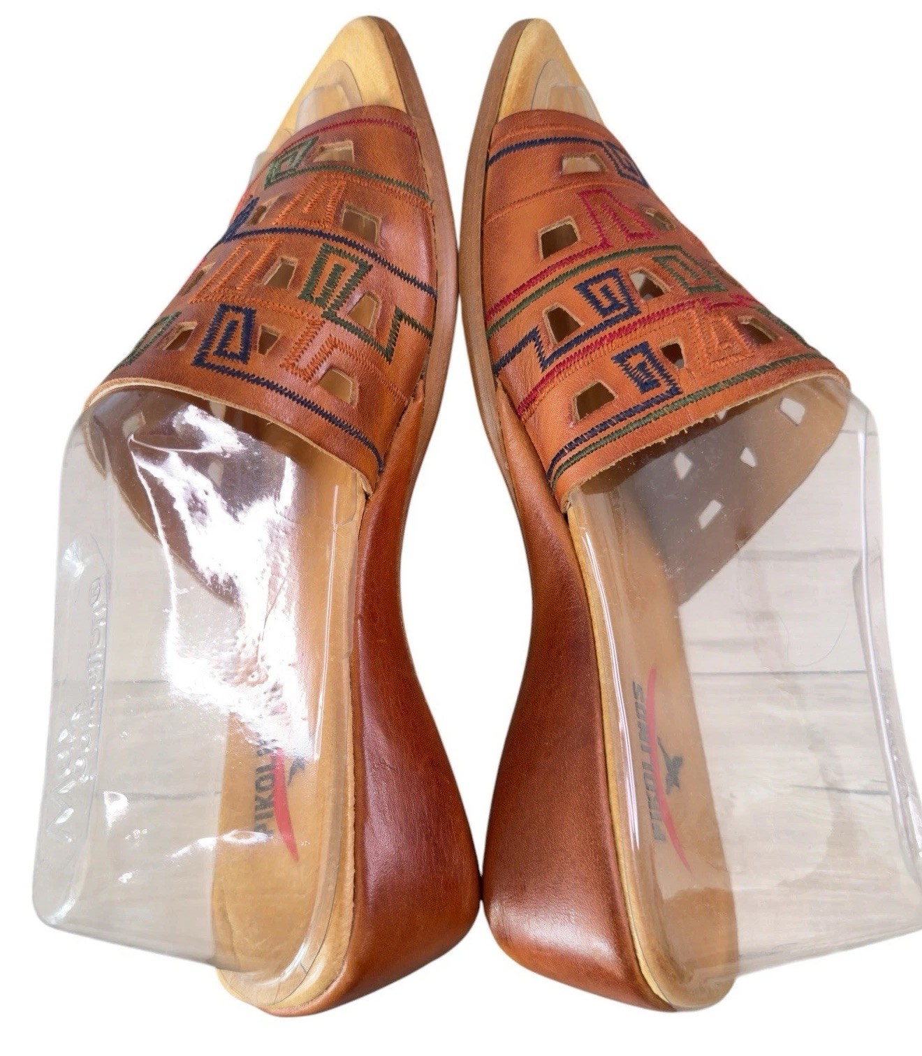 Pikolinos Leather Sandals Caramel Aztec Cutout Low Wedge Slides Size 7/38