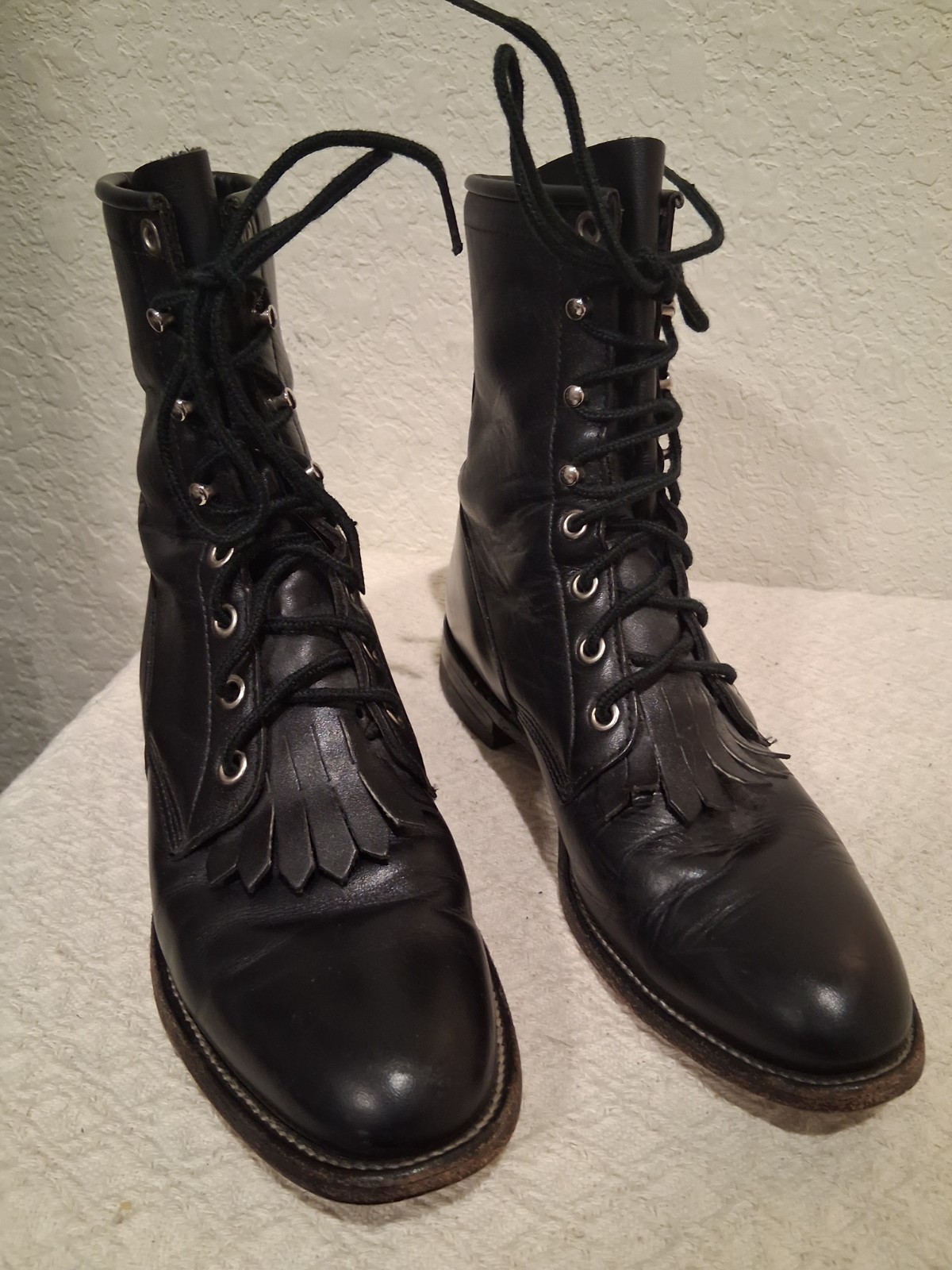 Justin L0506 Western Roper Kiltie Women Leather Black Boots Lace Up Size 6.5B
