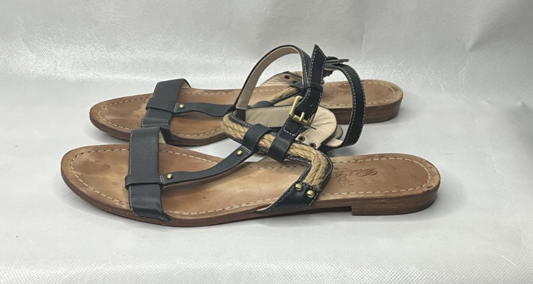 Brooks Brothers Navy Blue Leather Braided T-Strap Sandals Women’s Size 8