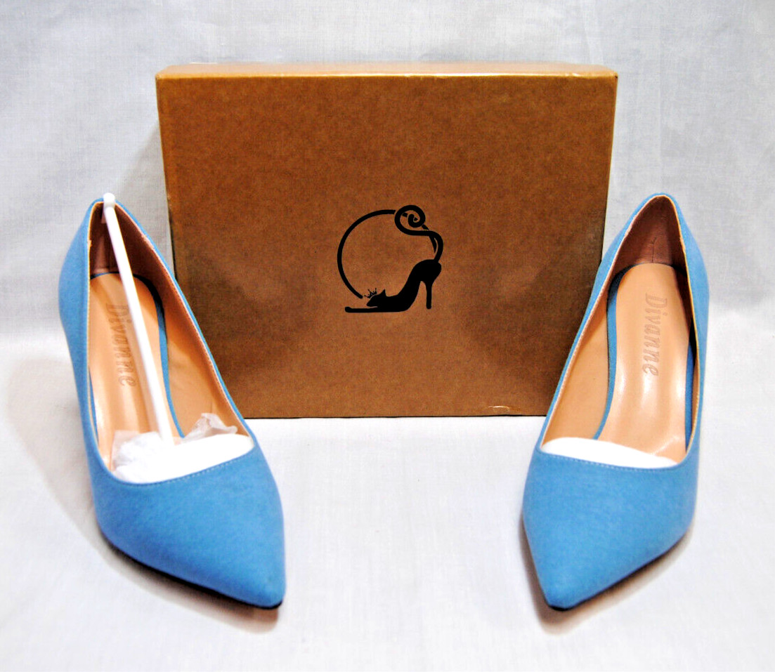 Divanne Womens Middle Heel Stiletto Shoes Pointy Toe Slip-On Pumps Blue T2367