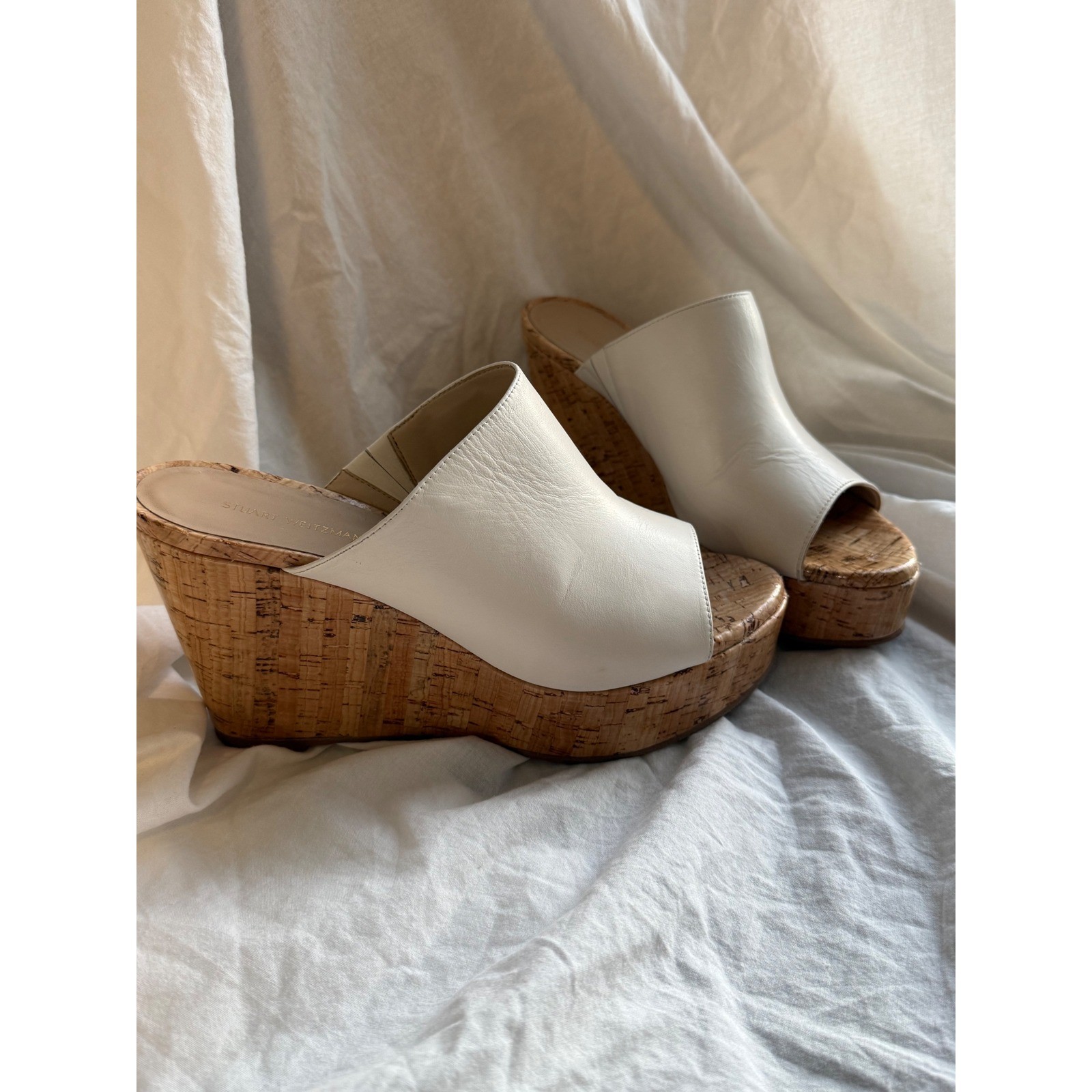 Stuart Weitzman Cream Leather Cork Platform Wedge Mules SH378 Size 9B