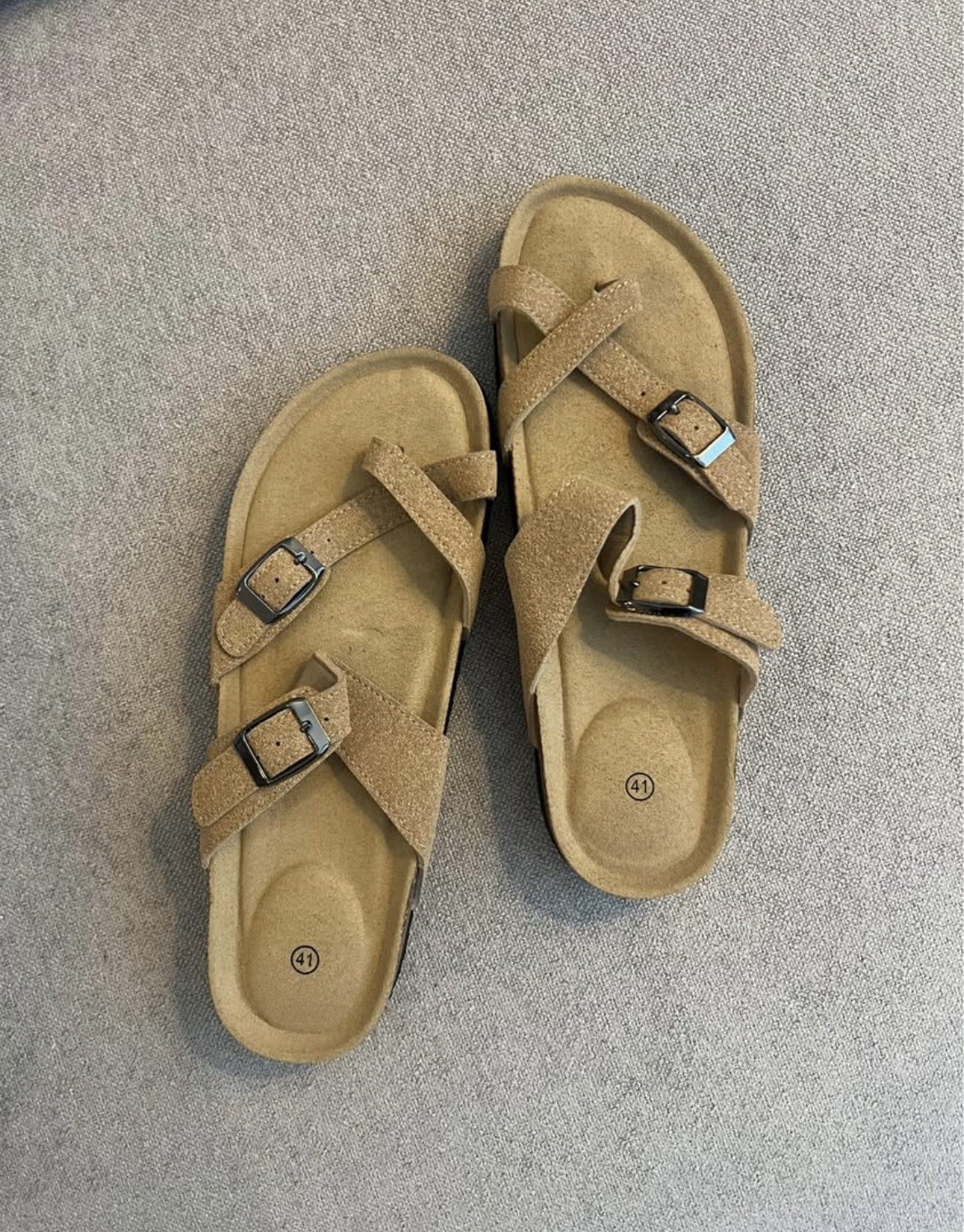 Double Buckle Toe Loop Cork Footbed Sandal Flip Flop Women’s Size 8.5 Beige New
