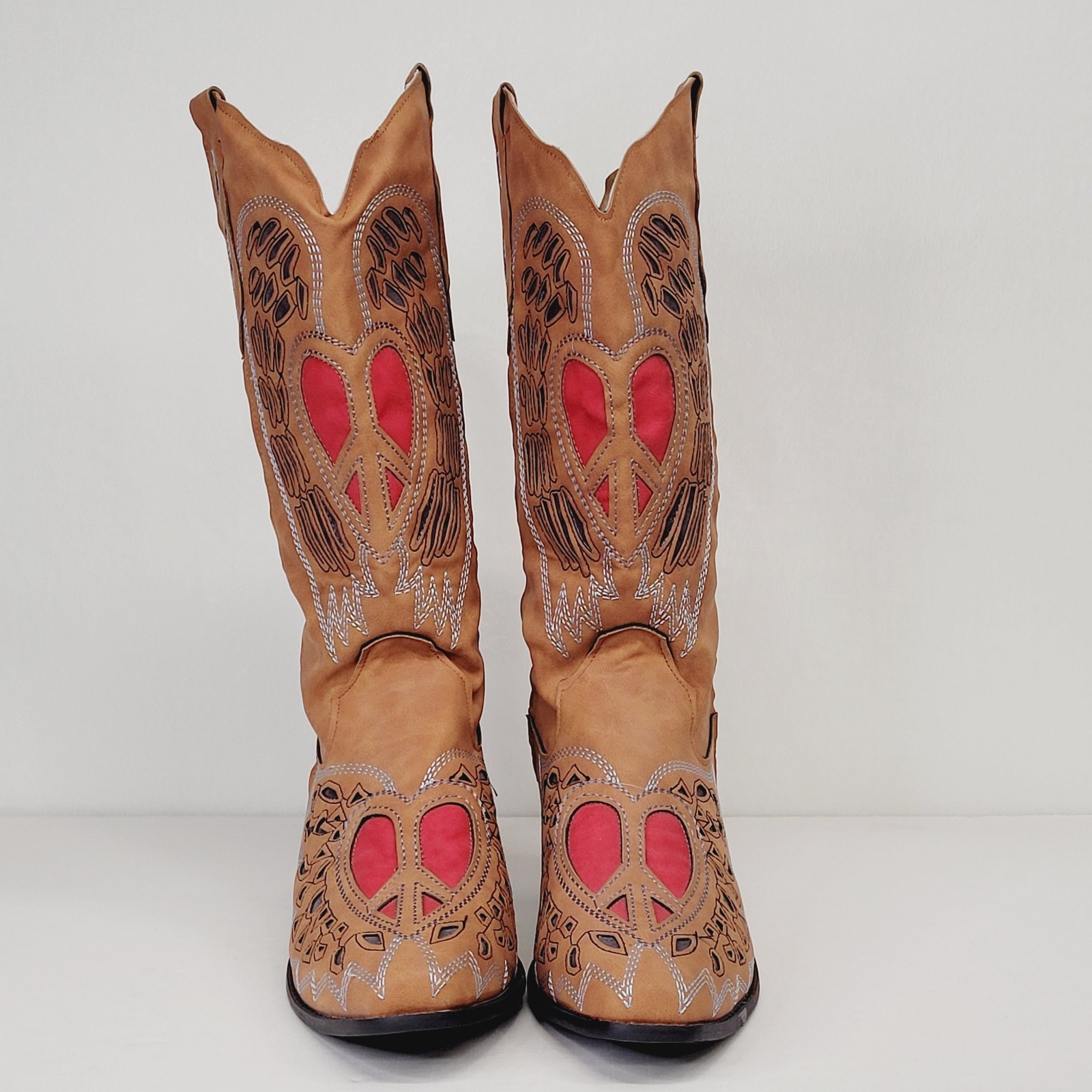 Womens Heart Angel Wing Cowgirl Boots 9.5 Cowgirl Western Faux Suede Brown Red