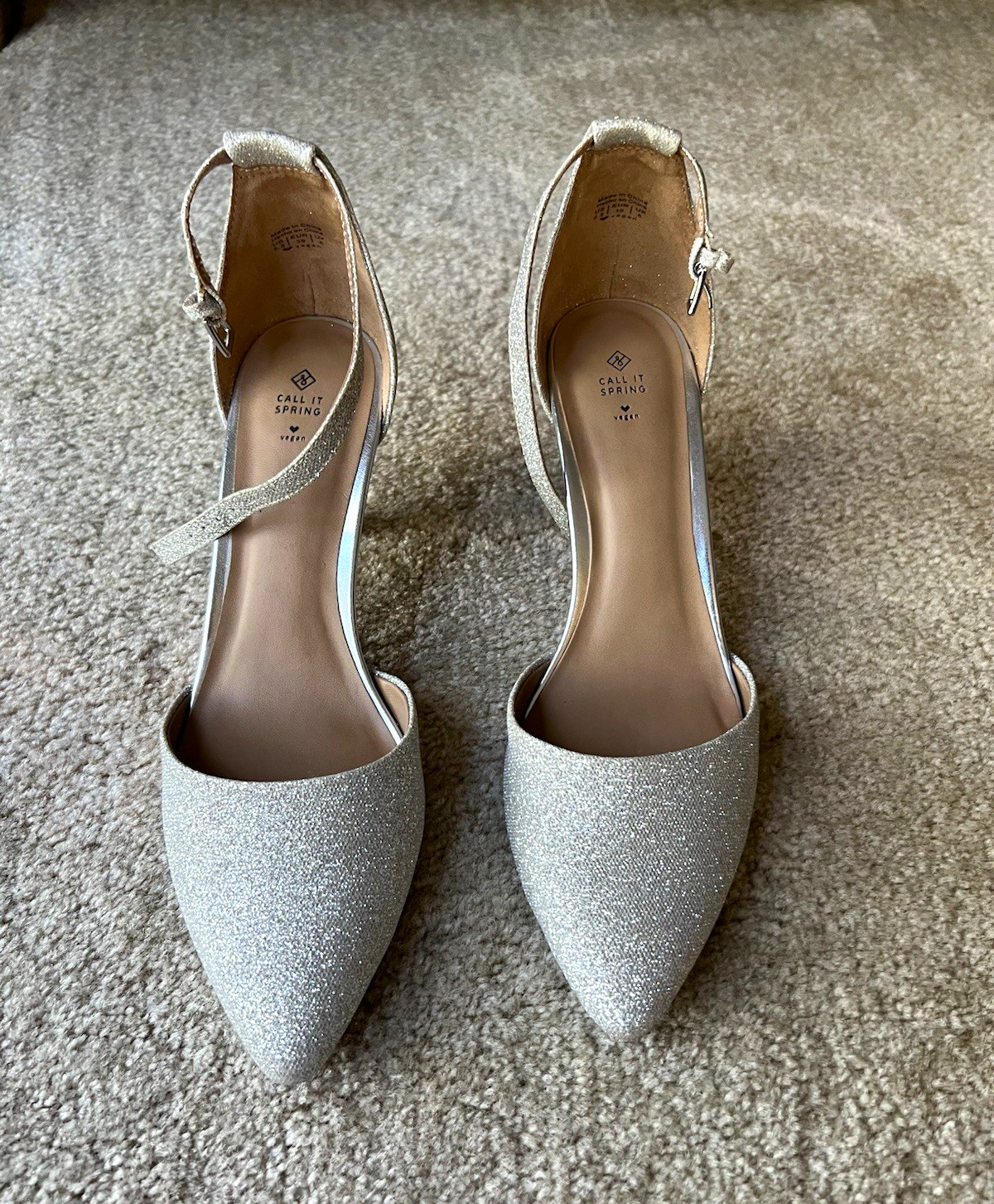 Call It Spring Silver Glitter Pointed Toe Ankle Strap Pump 8.5 New