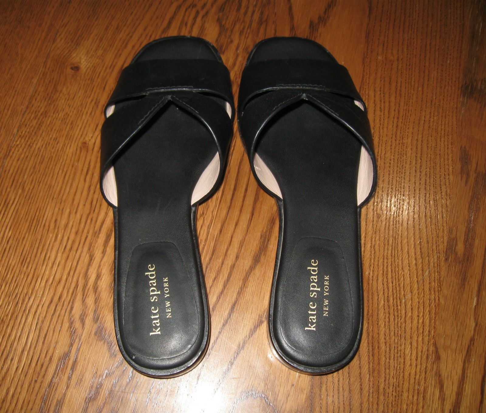 kate spade new york DOCK Black Leather Slide Sandals Logo Slip On Women US 5.5 B