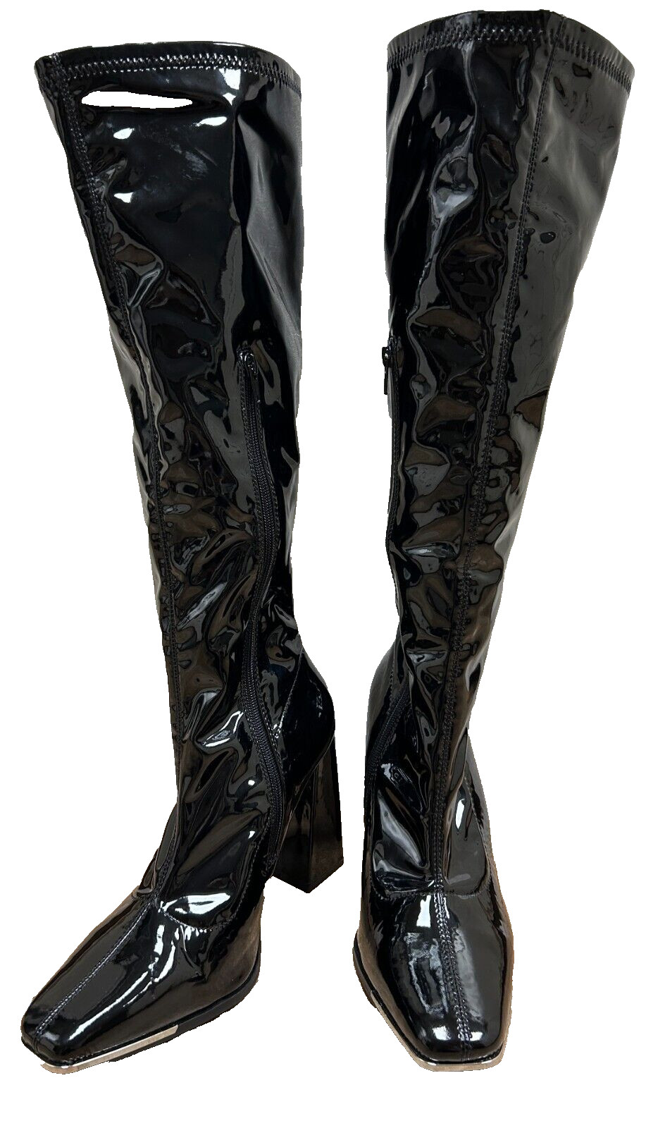 Dolls Kill Retro Gogo Black Latex Knee High Boots 4.5″ High Block Heels Sz9 NWOT