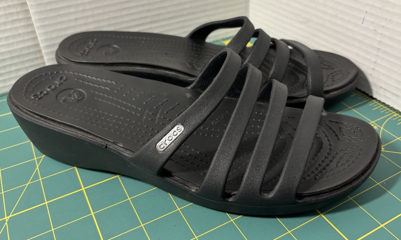 Crocs Womens size 10 Rhonda Wedge Sandals Slip-On Strappy Slides Open Toe Black