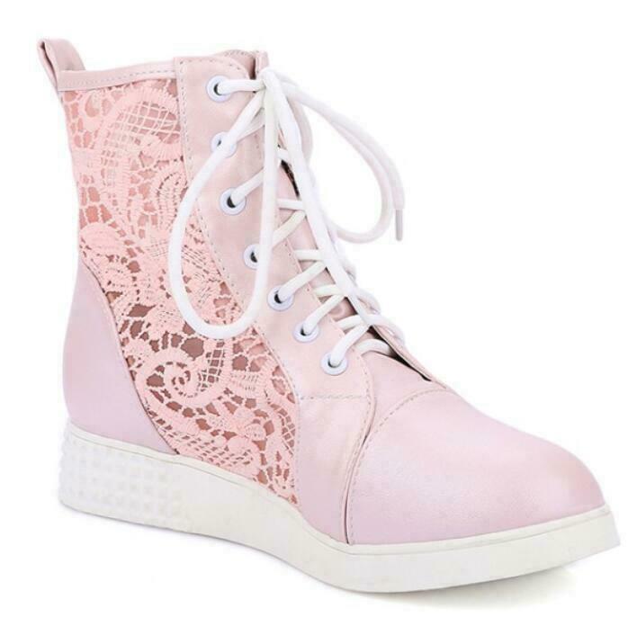 Womens Lace Up Mesh Wedge Hidden Heel Round Toe Faux Leather Ankle Boots Shoes