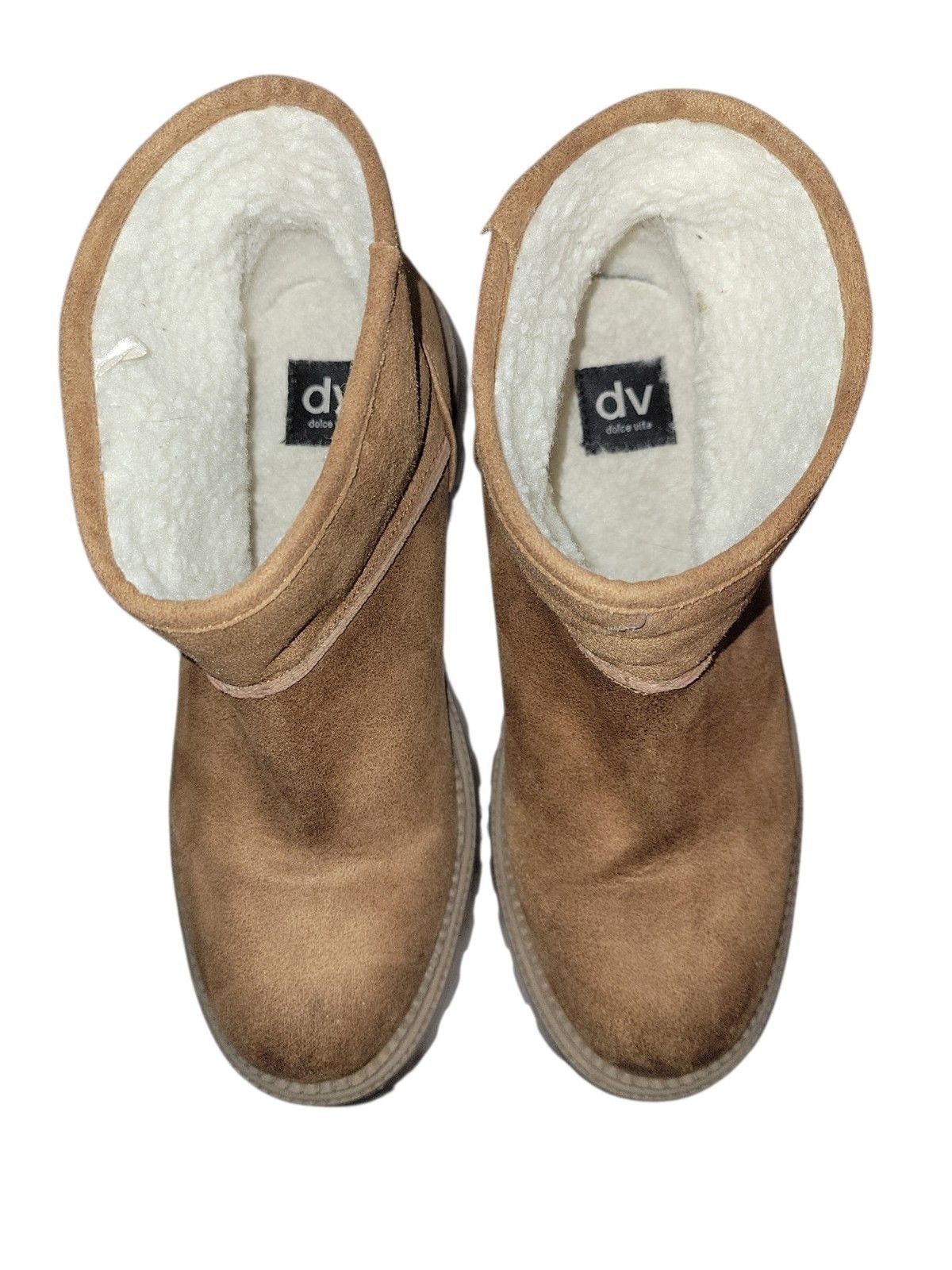 DV Dolce Vita Faux Suede Sherpa Lined Boots Tan Ankle Booties Cozy Winter Sz 9.5