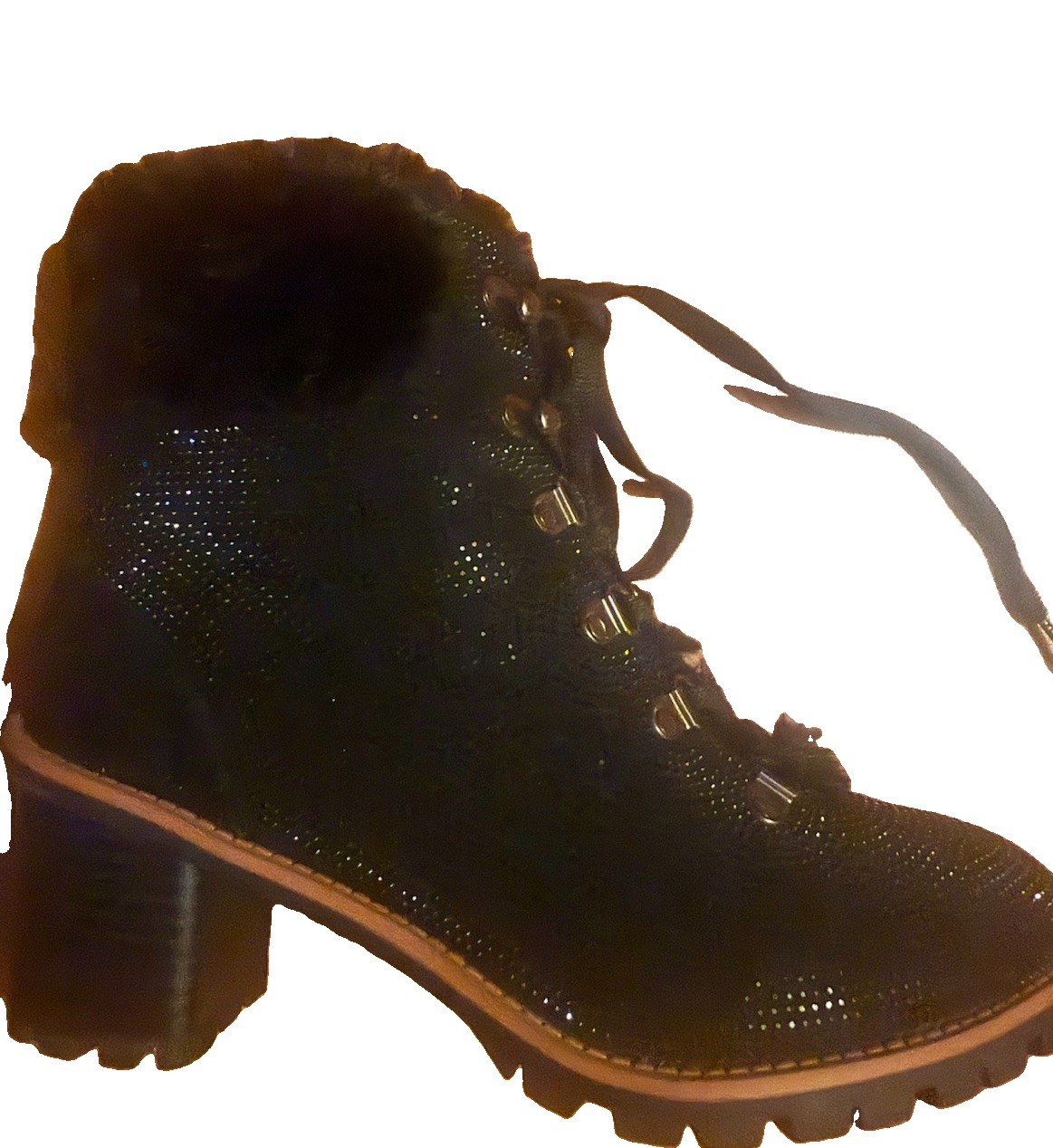 Nanette Lepore Anais Black Sparkle Faux Fur Trim Lace-Up Lined Ankle Bootie 7.5