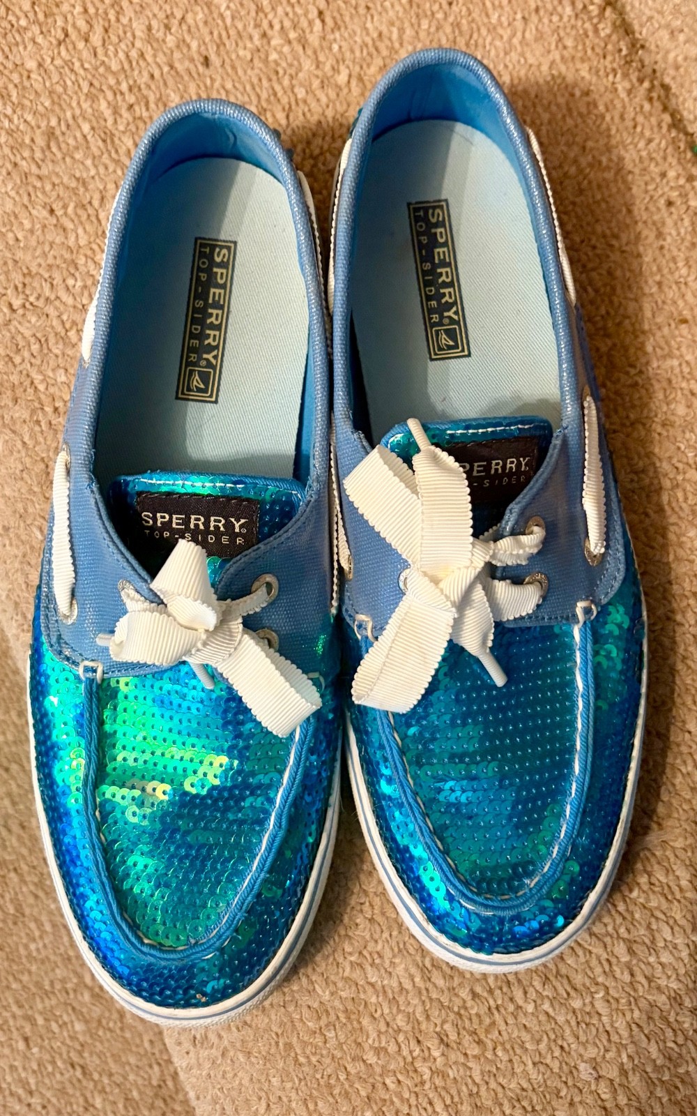 SPERRY TOP-SIDER Women 8M, blue turquoise sequins,grosgrain laces,costal glam