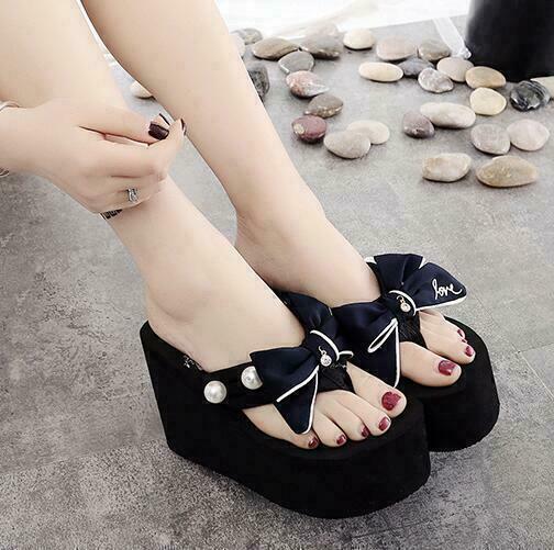 Womens High Platform Wedge Heel thongs Bowknot creepers Slippers Shoes Clip Toe