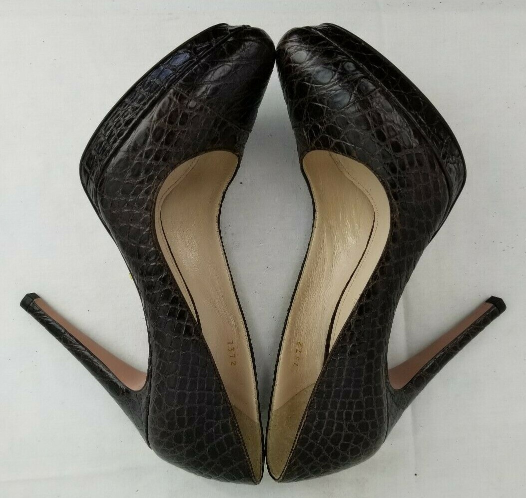 Prada Brown Textured Leather Platform Semi Pointed Toe Slim Heel Pumps size 37.5