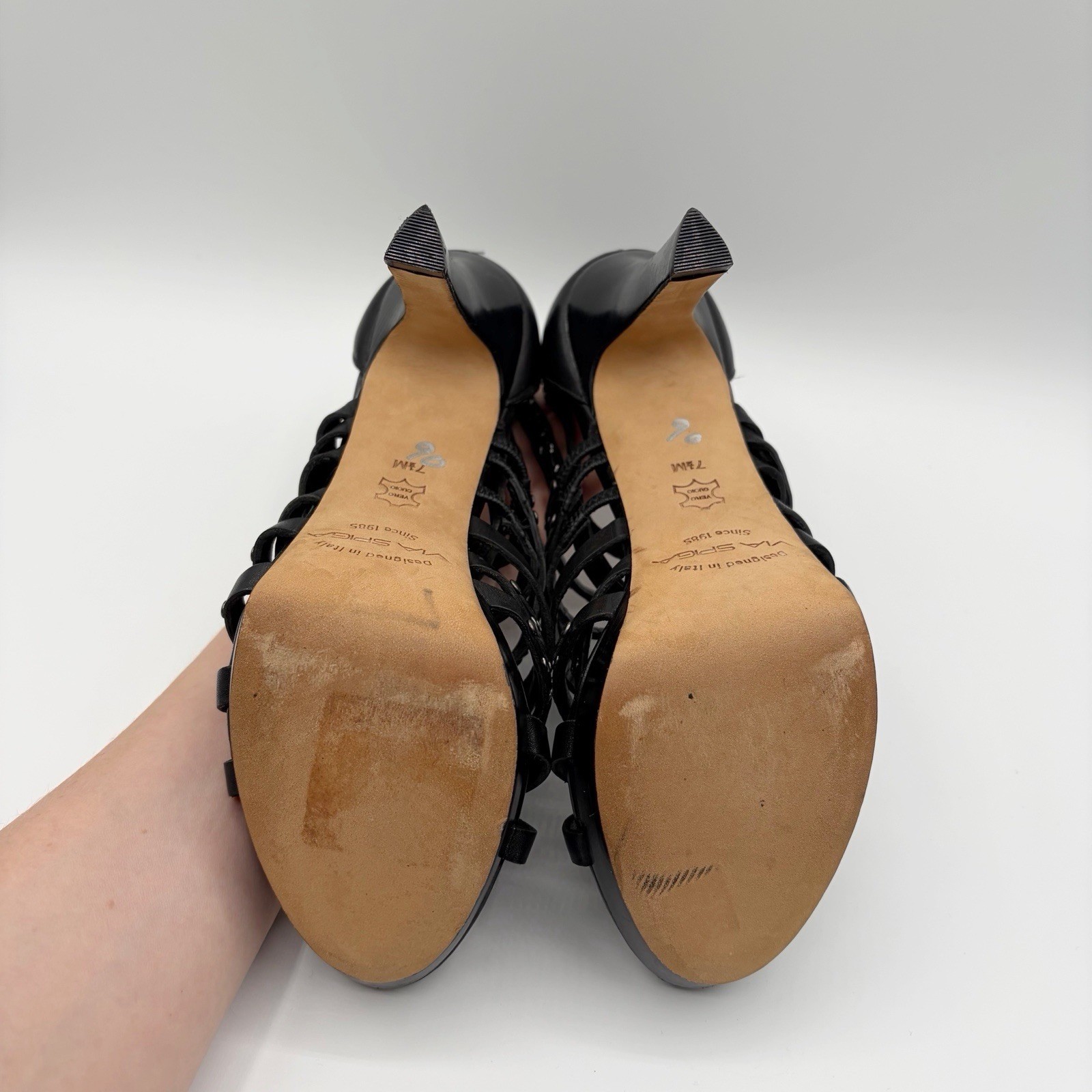 Via Spiga Heels Black Strappy Platform Caged Leather Italy Women’s Shoe Size 7.5