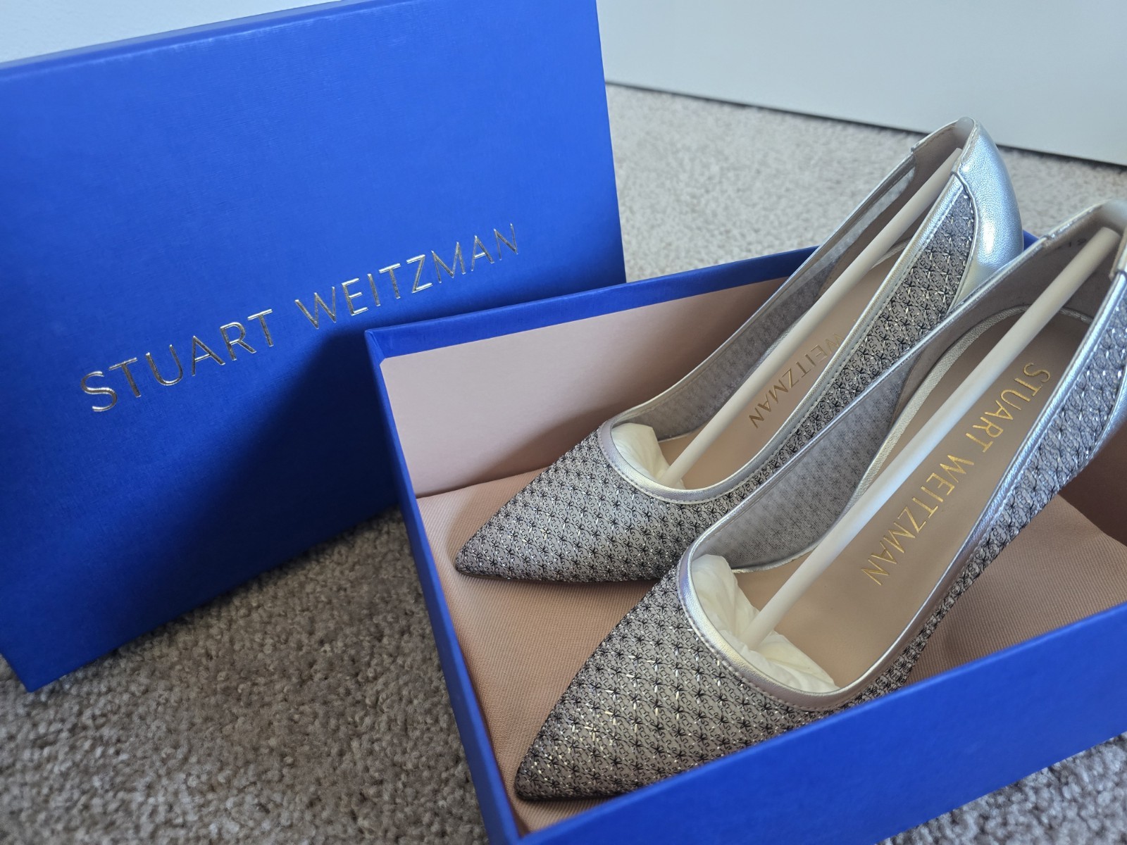 Stuart Weitzman Silver Mesh Glitter Pointed Toe Stiletto Pumps Women 8 B