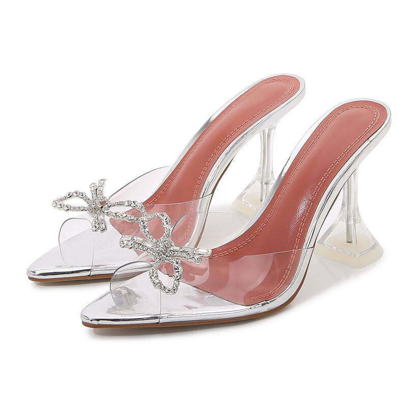 Womens Bow Rhinestone Slipper Shoes Mule Slide Clear High Heel Sandals Plus Size