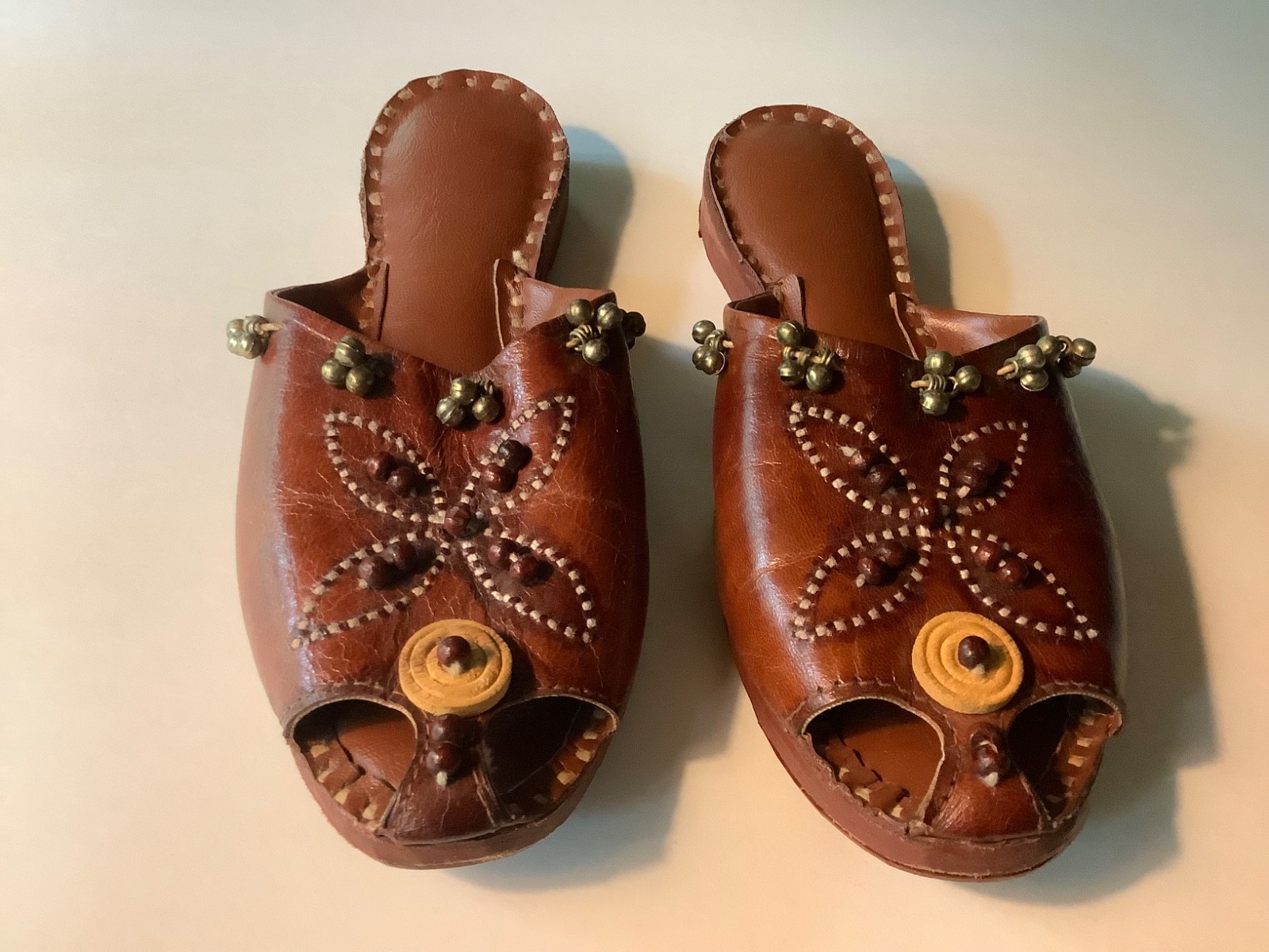 Vintage Handmade Indian Leather Mules Embroidery Beads & Bells Women’s Size 7.5